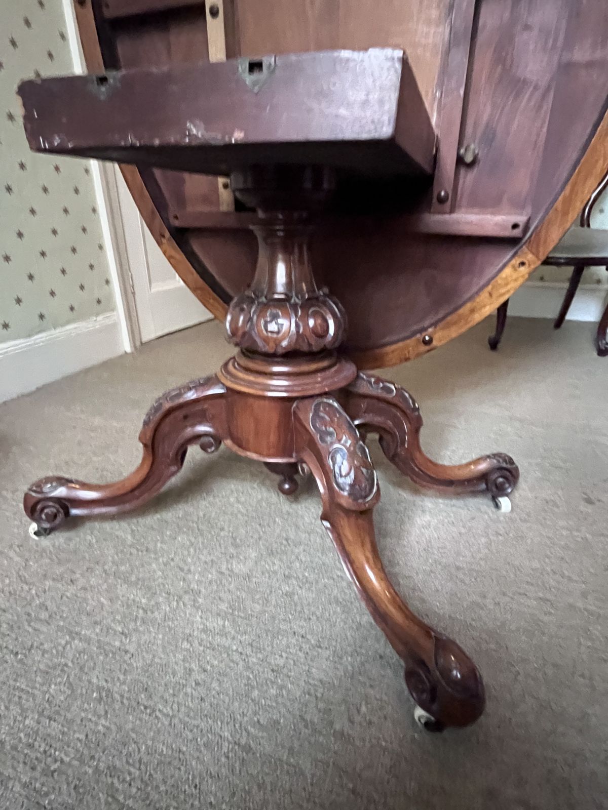 Beautiful Inlaid Walnut Dining Table With An Exquisite Carved Base. It Tips To Vertical To Display Its Splendour. photo furniture