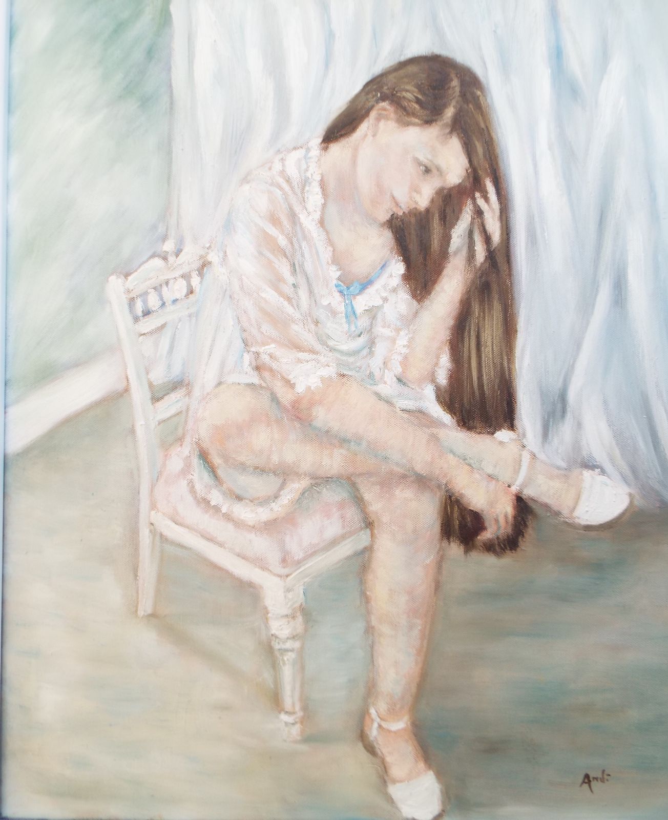Girl On Bedroom Chair Original Framed Oil Painting Figurative Art Framed Andi J Lucas photo furniture