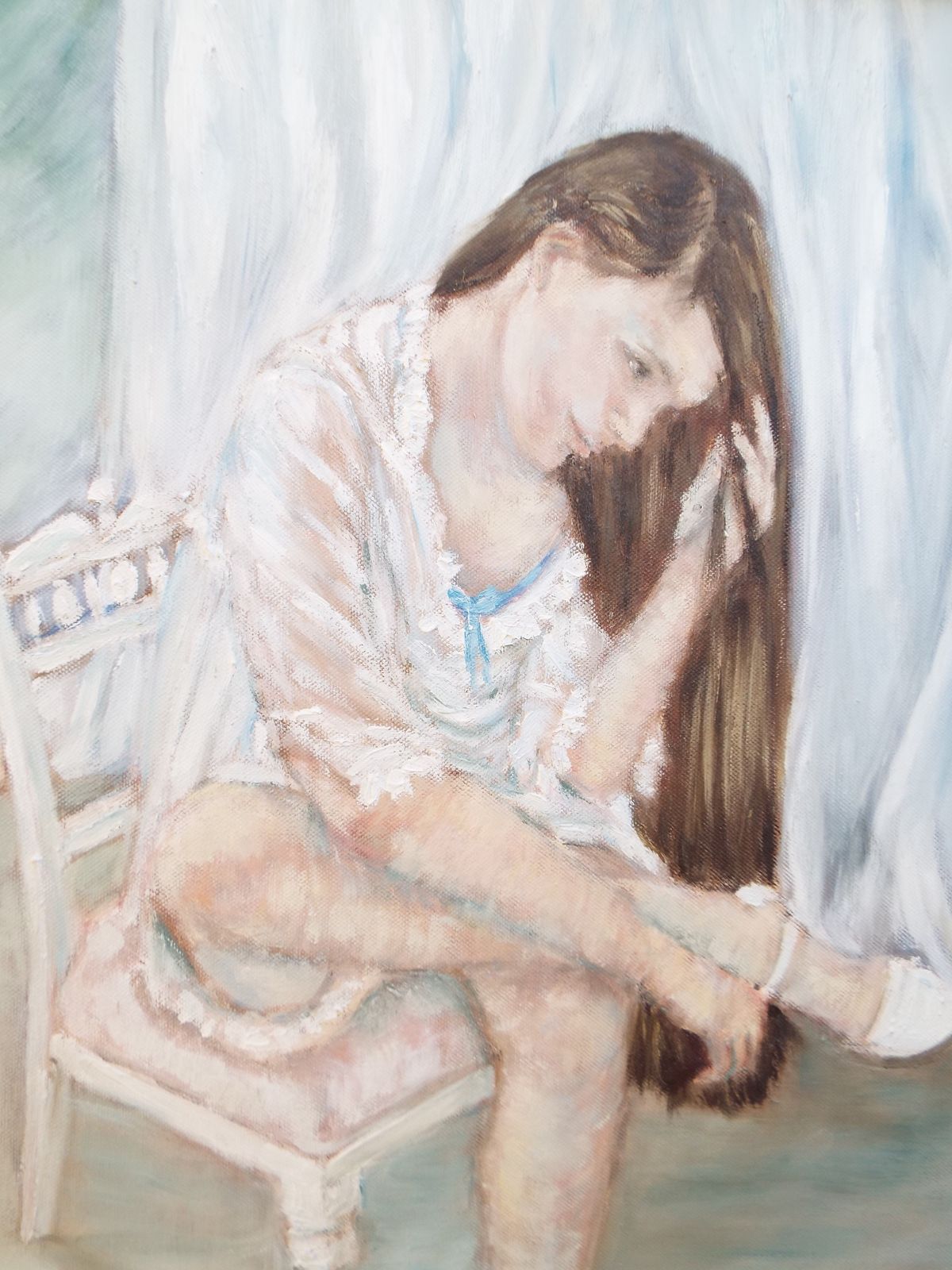 Girl On Bedroom Chair Original Framed Oil Painting Figurative Art Framed Andi J Lucas photo Art