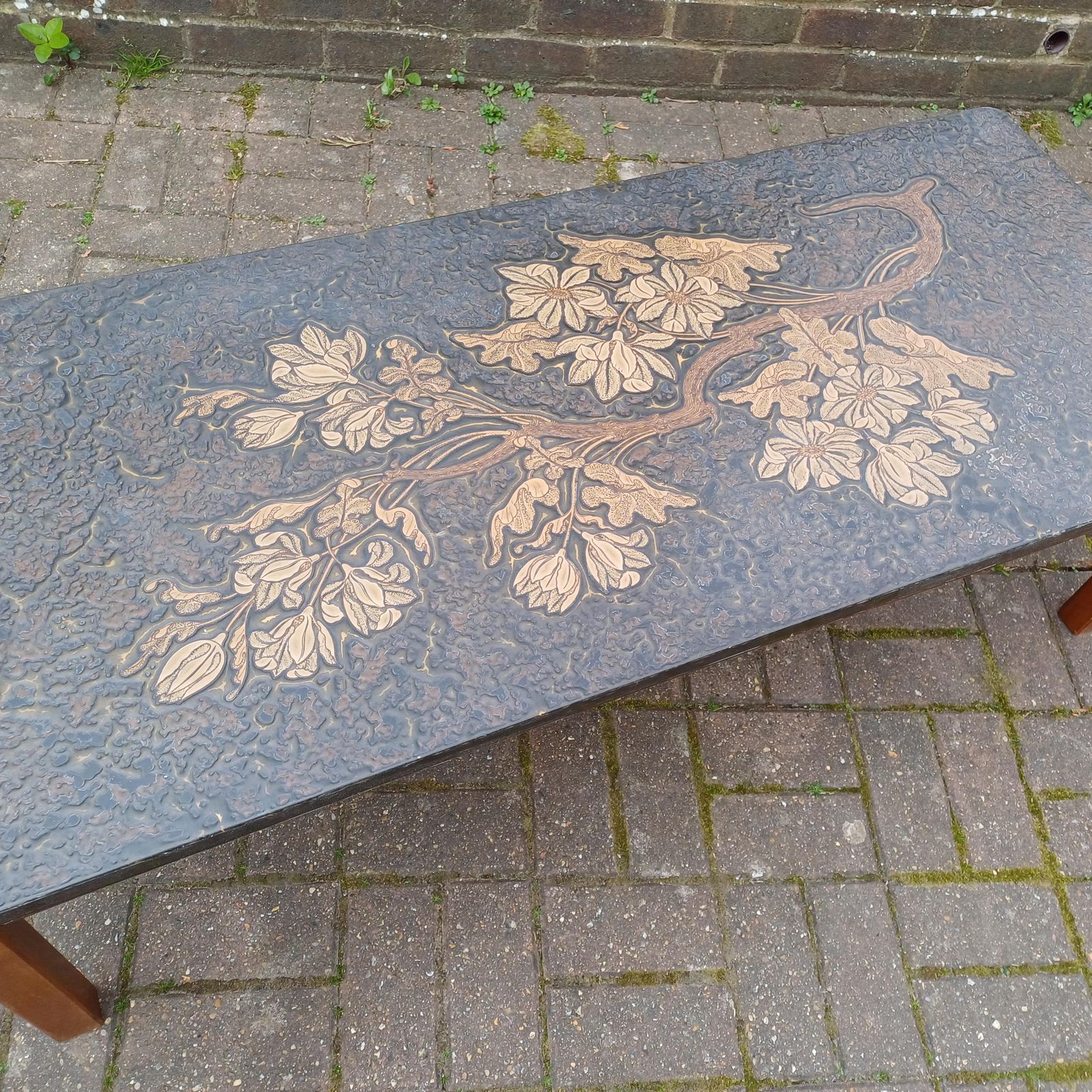 Huge Mid Century Retro Sculpted Coffee Table 1970s Floral Relief Top Brutalist Art Nouveau Style Gold Bronze Resin photo vintage