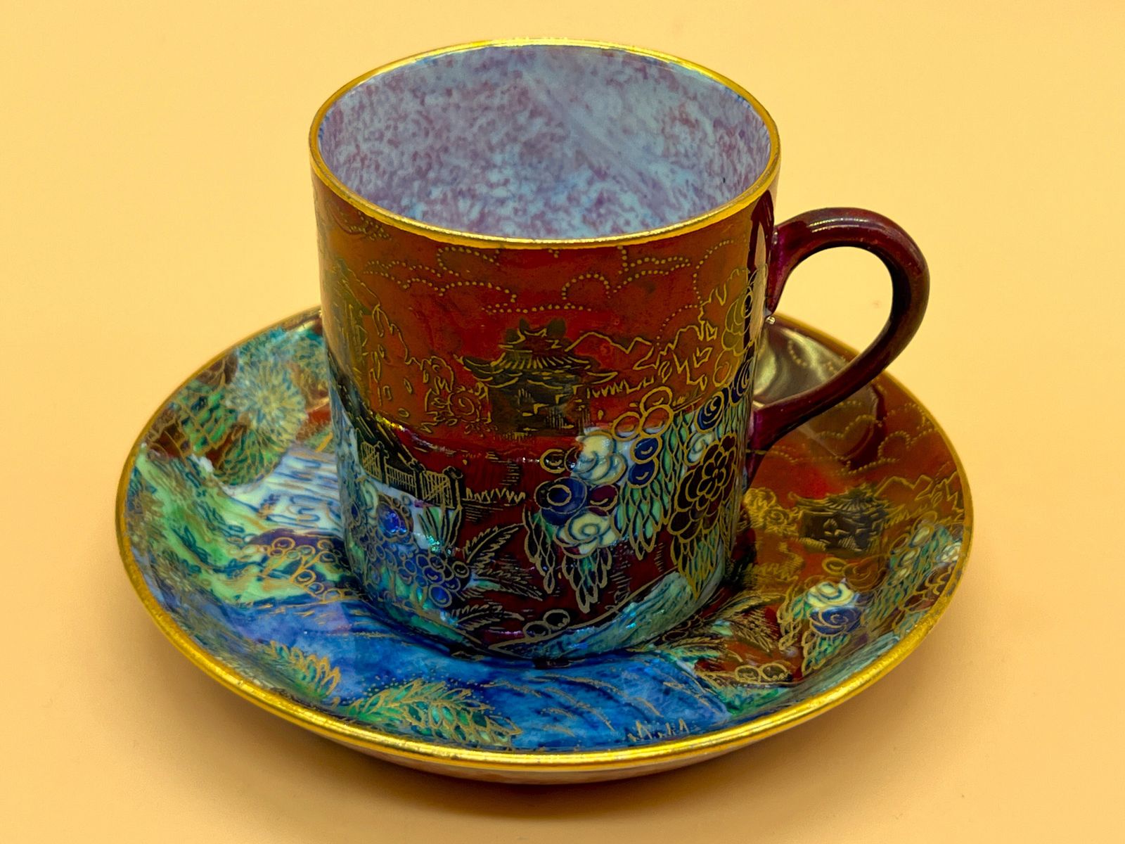 Antique A G Harley Jones Wilton Ware Red Luster Design Demitasse Cup & Saucer Duo. 711820. photo vintage