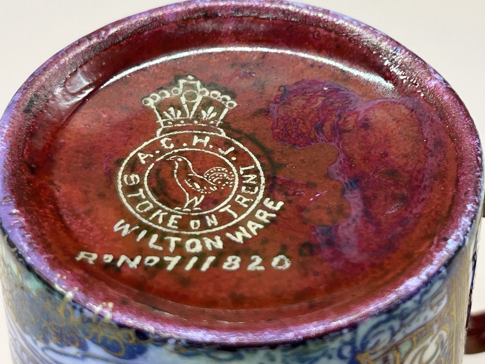 photo furniture Antique A G Harley Jones Wilton Ware Red Luster Design Demitasse Cup & Saucer Duo. 711820.