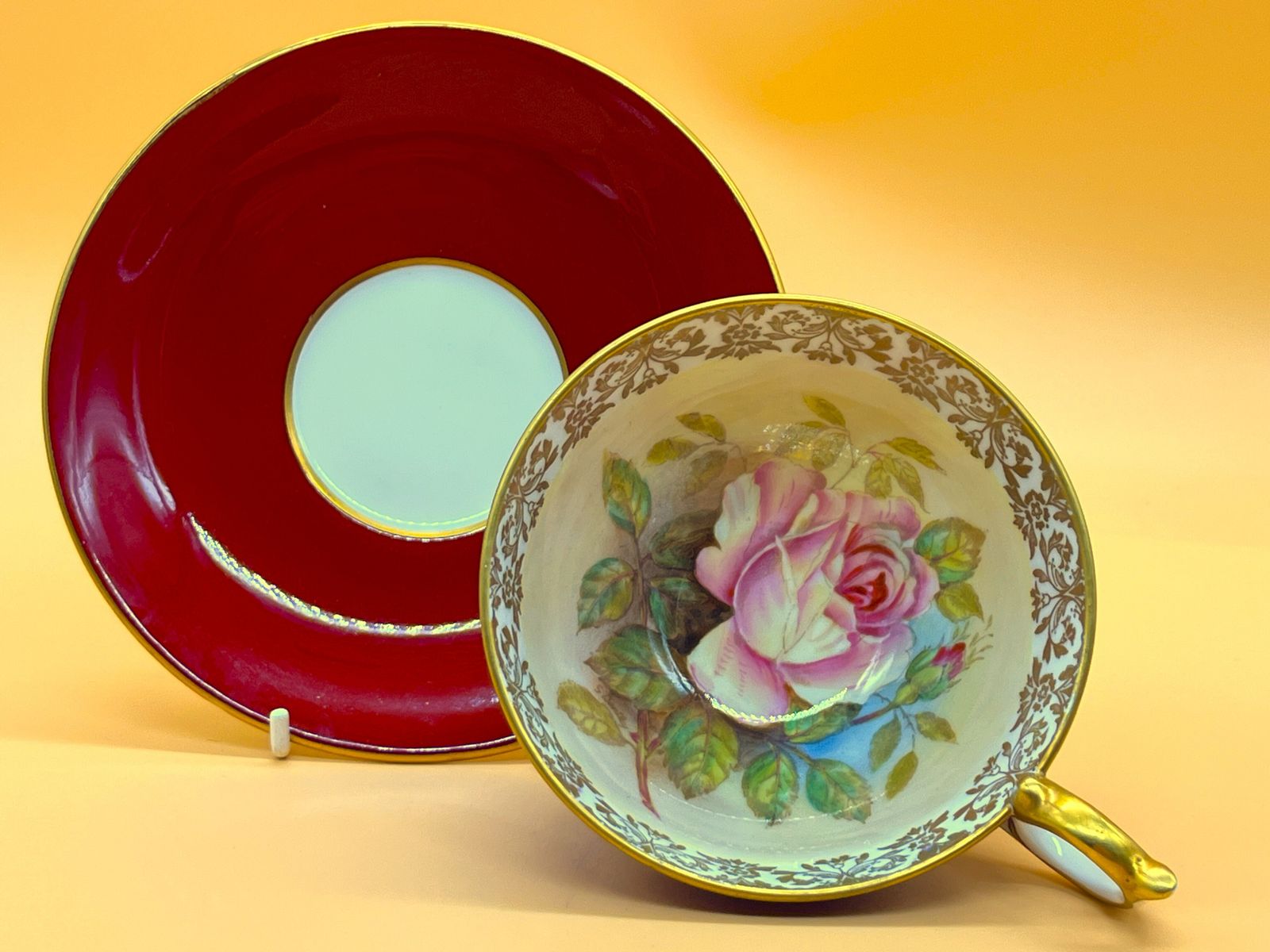 Large Aynsley China Cabbage Rose Signed G Bentley Red And Gold Footed Cabinet Tea Cup & Saucer Duo. 2628. photo furniture