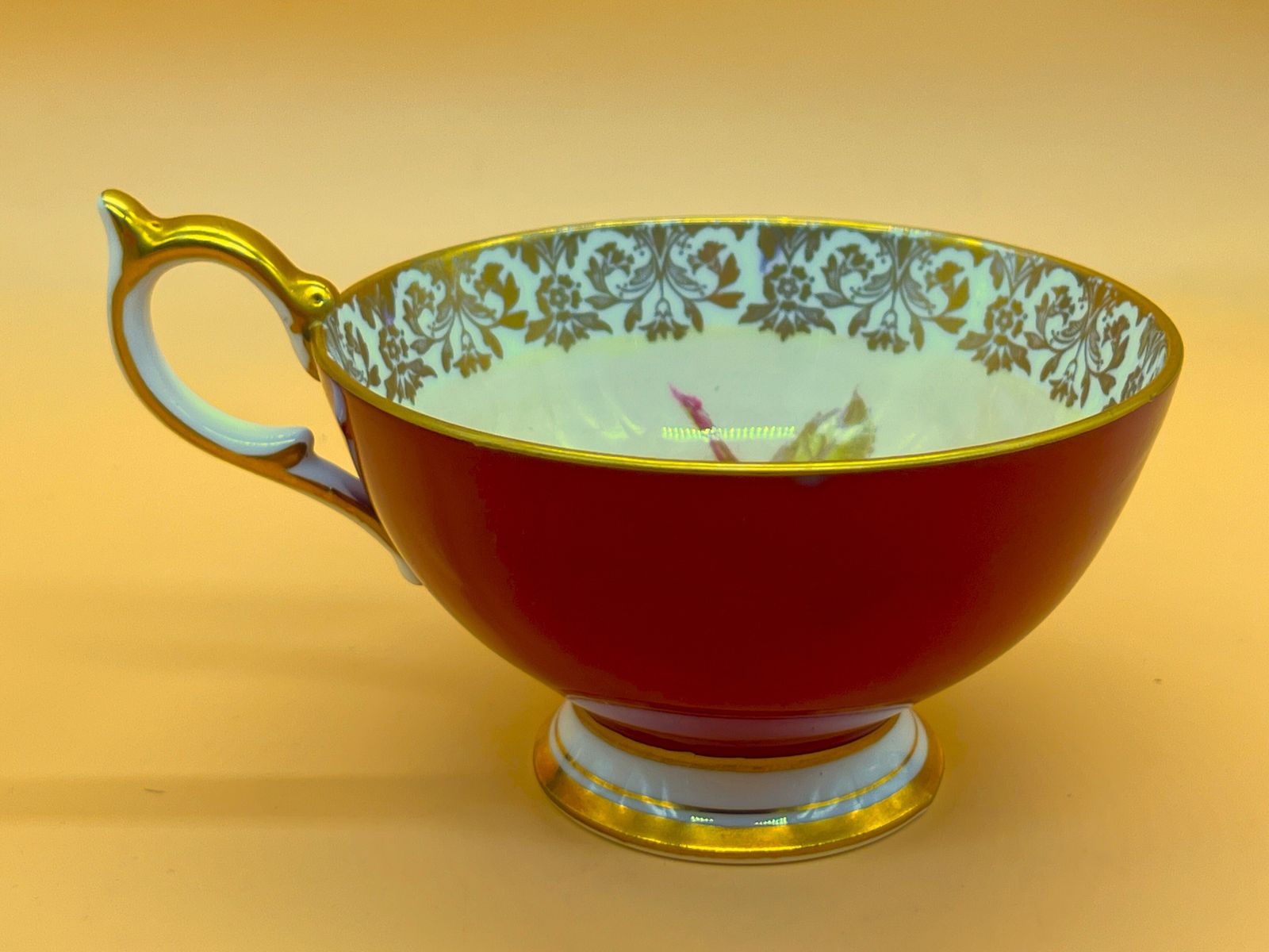 Large Aynsley China Cabbage Rose Signed G Bentley Red And Gold Footed Cabinet Tea Cup & Saucer Duo. 2628. photo vinterior