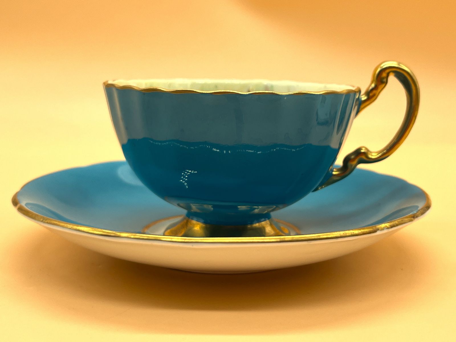 Aynsley China Orchard Gold Fruits Signed D Jones Oban Shape Turquoise And Gold Cabinet Tea Cup & Saucer Duo. 1034. photo for sale