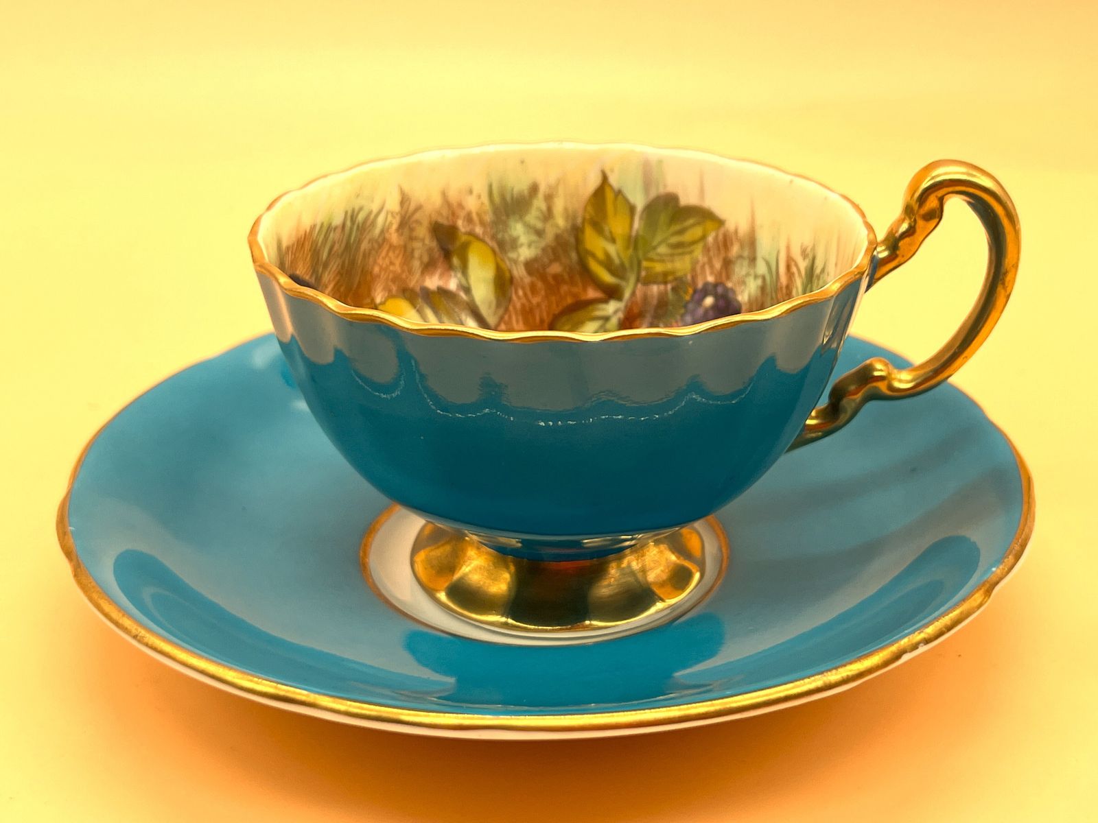 photo for sale Aynsley China Orchard Gold Fruits Signed D Jones Oban Shape Turquoise And Gold Cabinet Tea Cup & Saucer Duo. 1034.