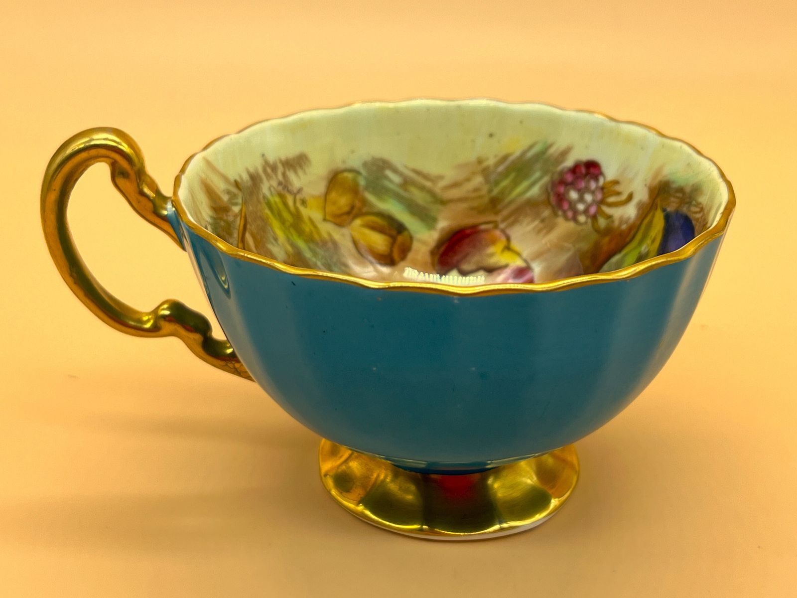 95.0 Aynsley China Orchard Gold Fruits Signed D Jones Oban Shape Turquoise And Gold Cabinet Tea Cup & Saucer Duo. 1034. photo