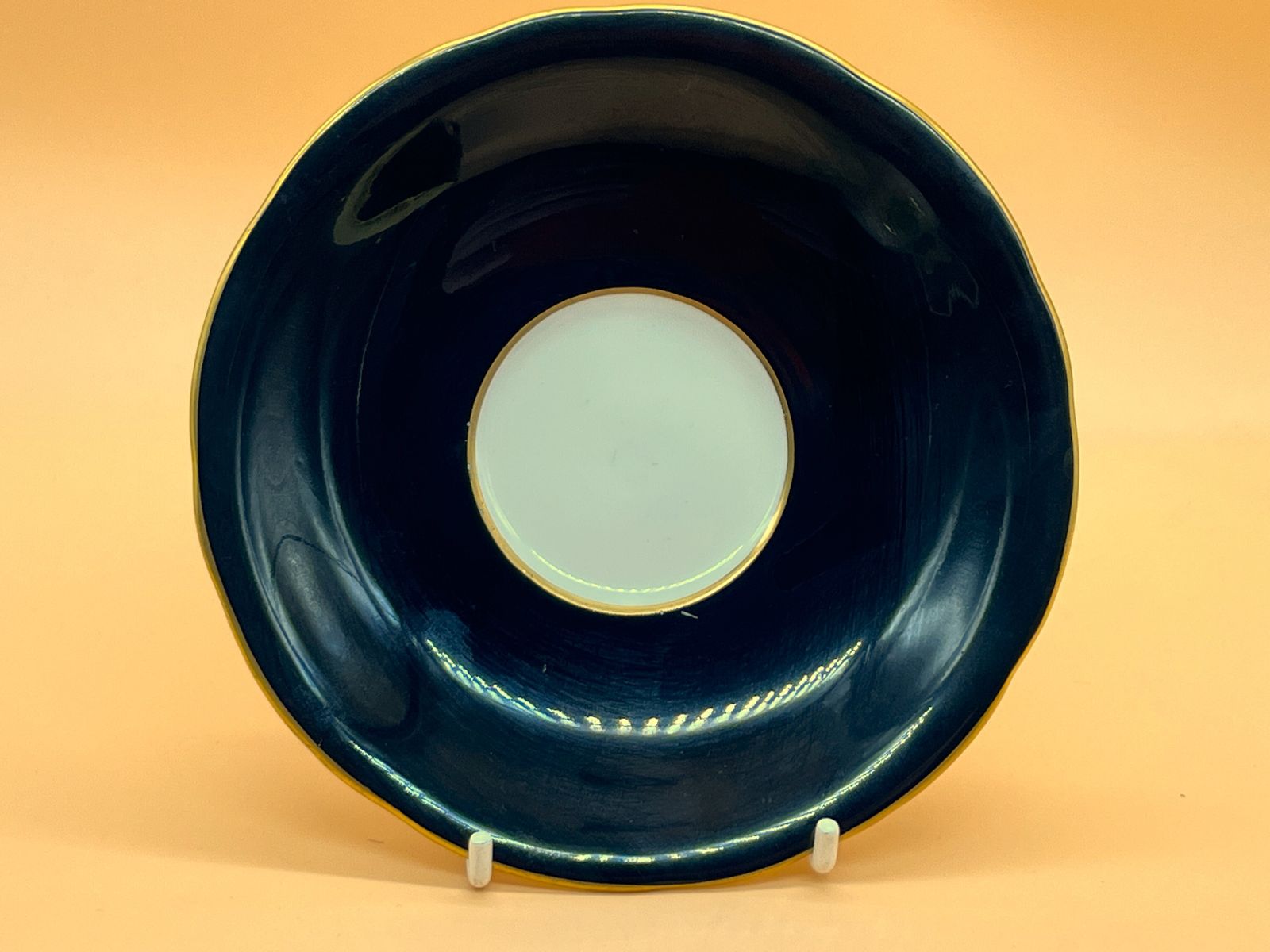 Aynsley China Orchard Gold Fruit Signed D Jones High Doris Shape Black And Gold Cabinet Tea Cup & Saucer Duo. C1952 63. photo furniture