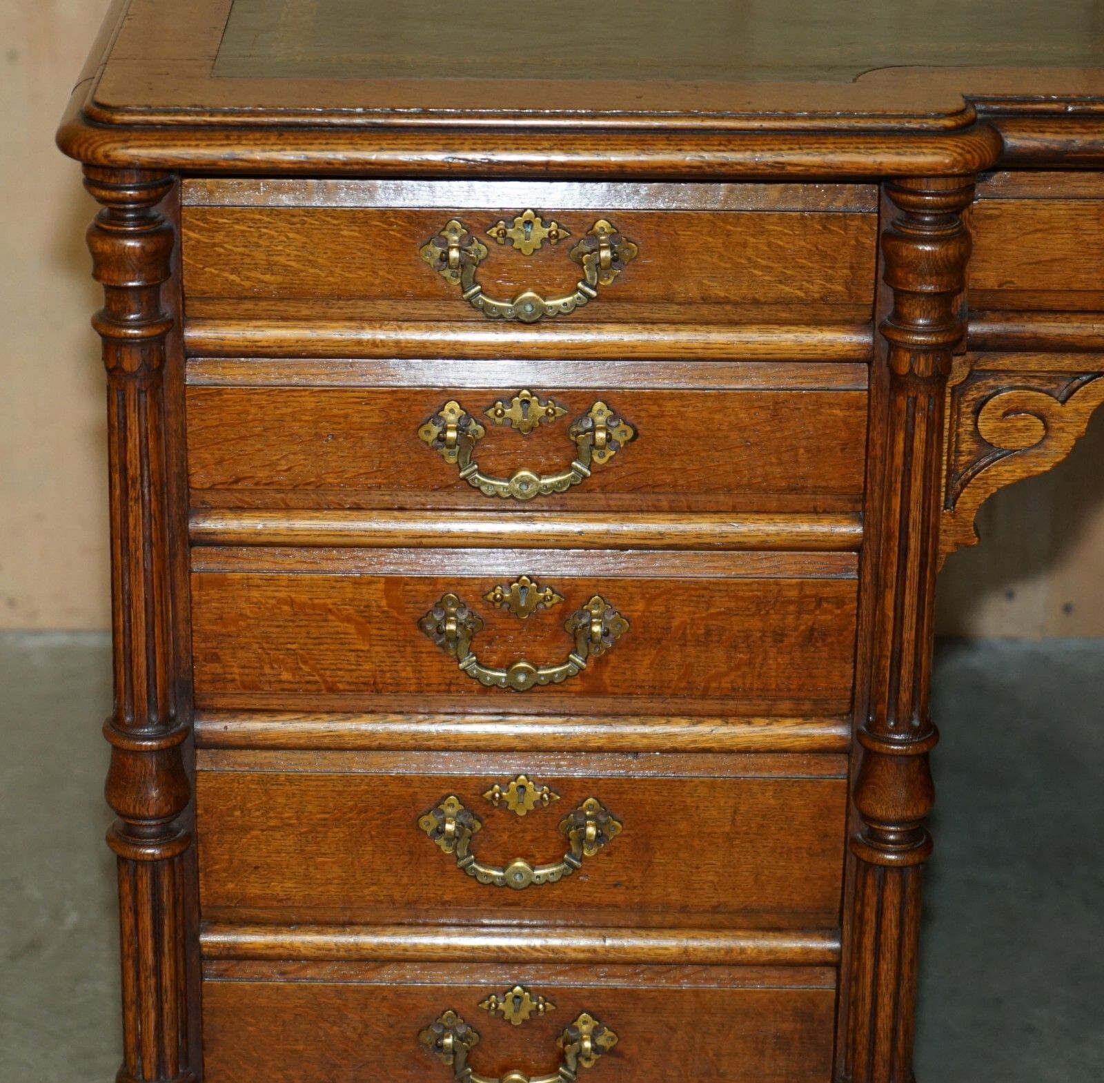 Antique Restored C Hindley & Son English Oak Green Leather Double Sided Desk photo 6950.0