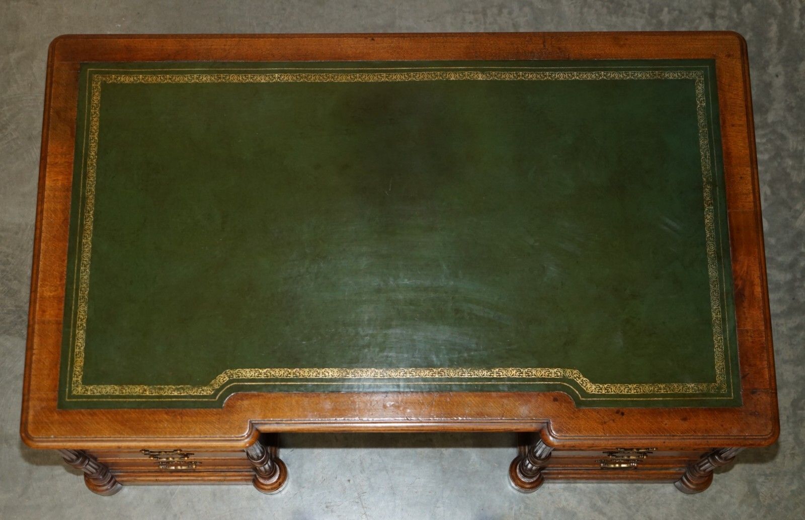 photo buy Antique Restored C Hindley & Son English Oak Green Leather Double Sided Desk