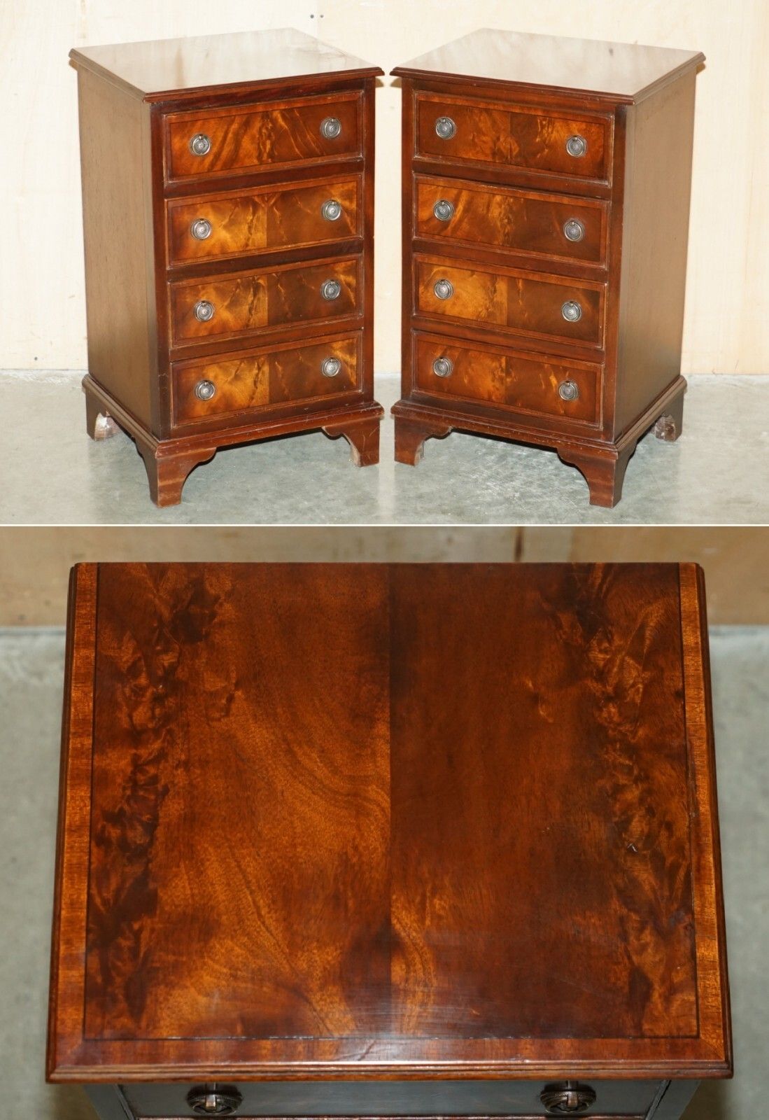 Pair Of Restored French Polished Flamed Mahogany Side Table Chest Of Drawers
