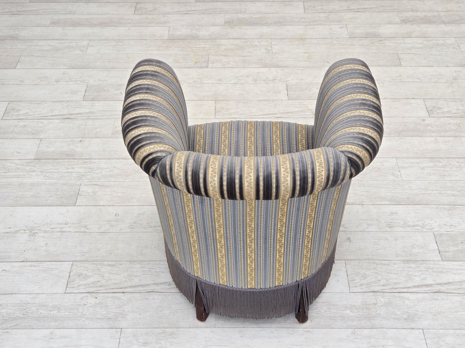 1960s, Danish Lounge Chair, Blue/Beige Furniture Velour, Beech Wood Legs. photo furniture