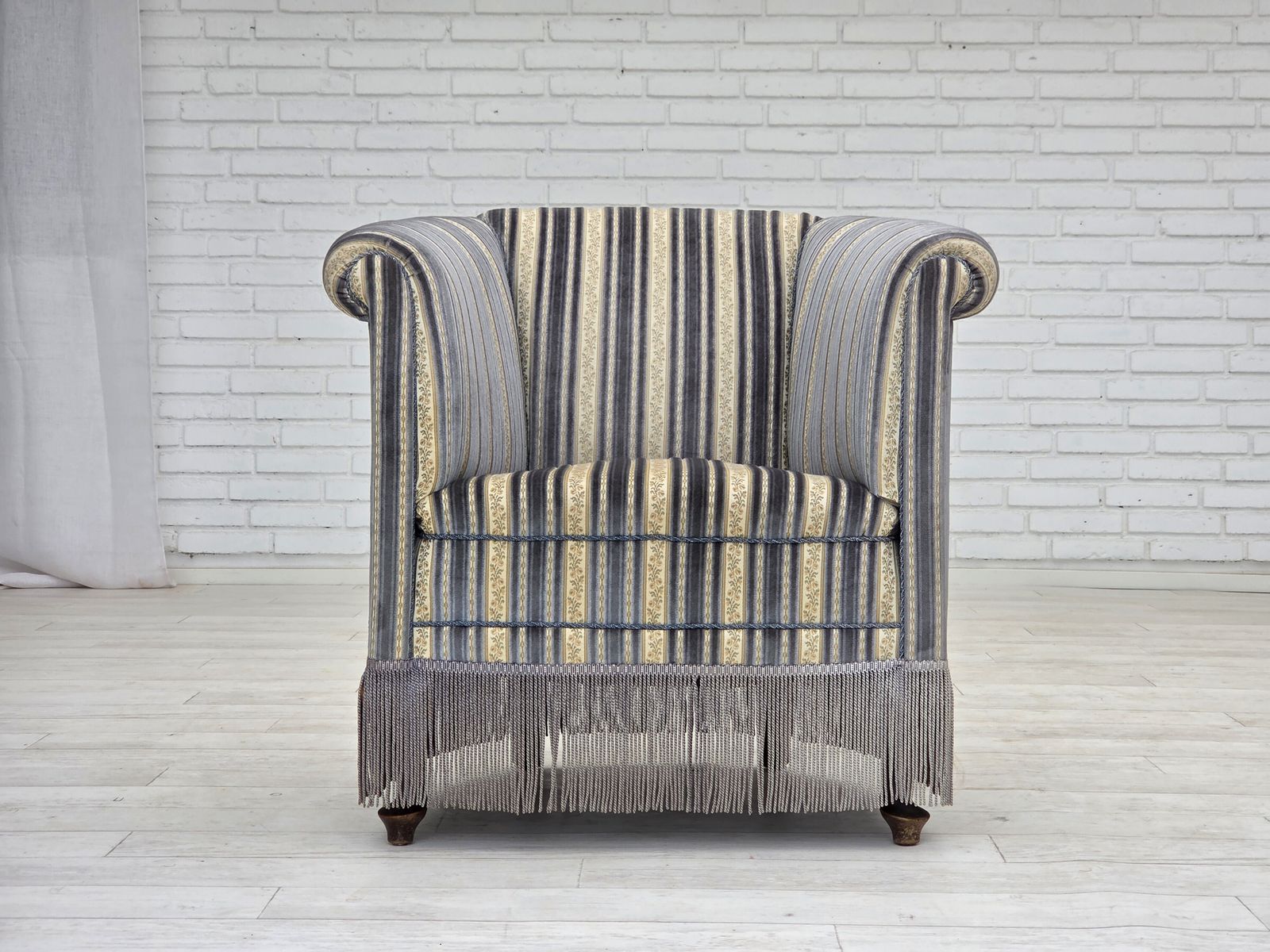 1960s, Danish Lounge Chair, Blue/Beige Furniture Velour, Beech Wood Legs. photo for sale
