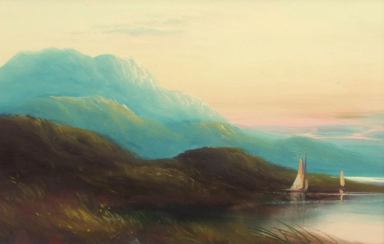 Antique Victorian Oil Mountain Sunset Lake  District Landscape Painting Framed photo for sale