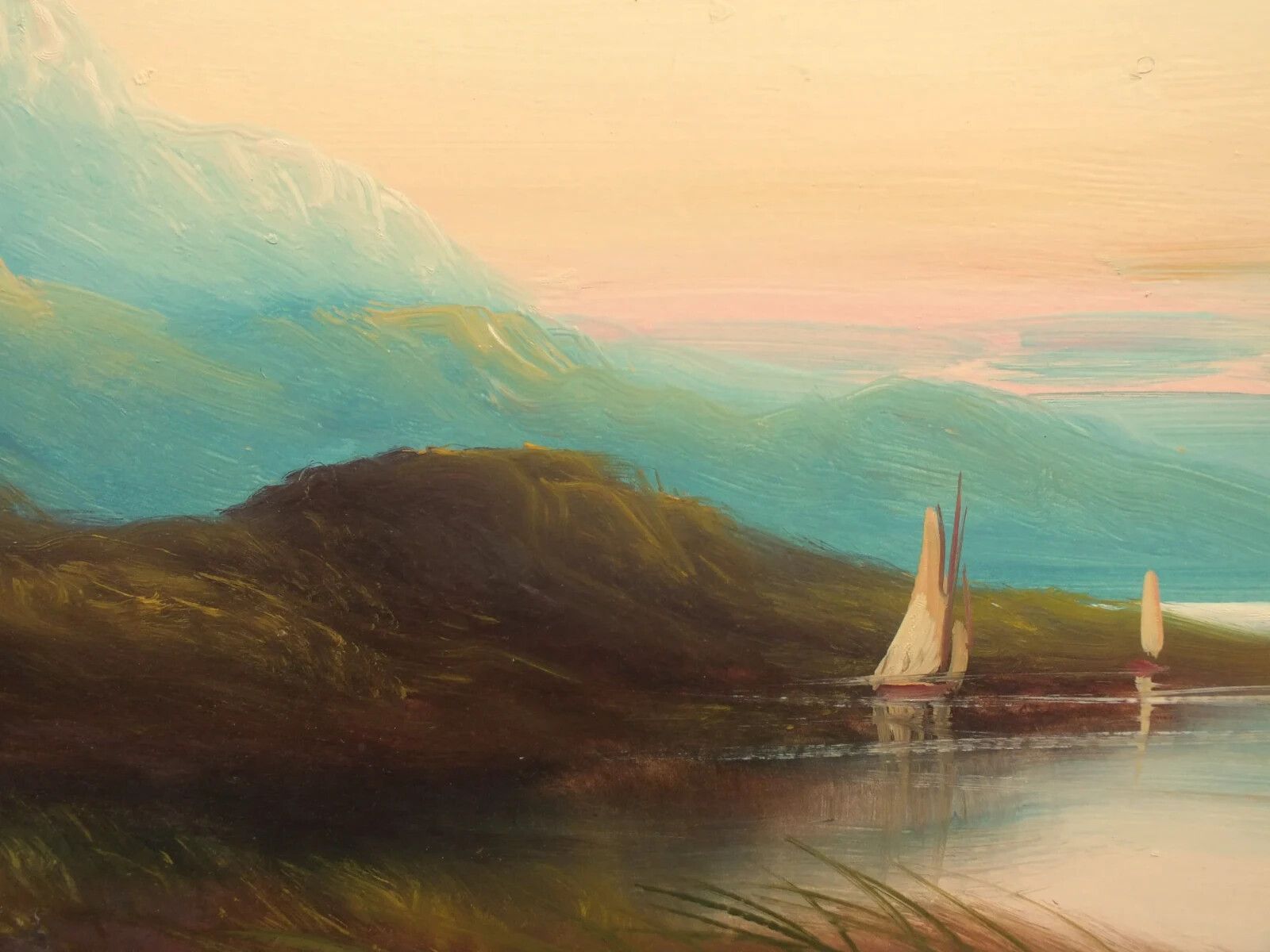 Antique Victorian Oil Mountain Sunset Lake  District Landscape Painting Framed photo Art