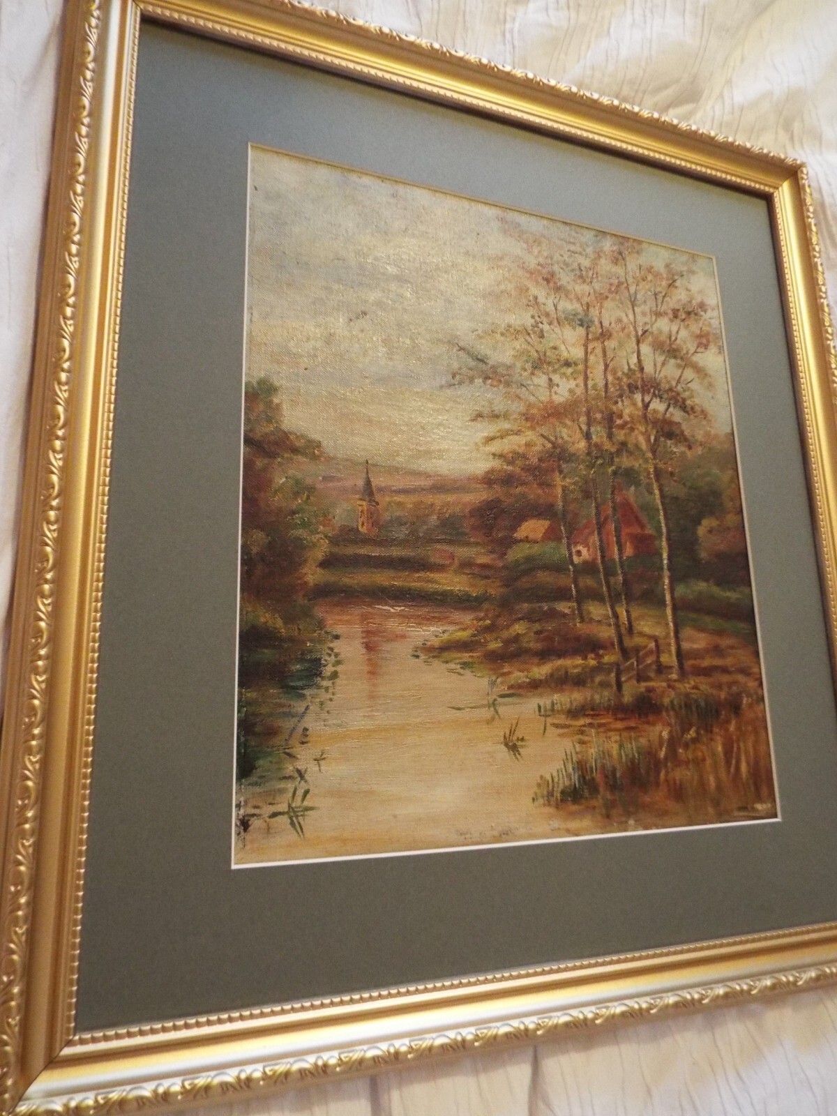 photo furniture Antique Vintage Victorian  Landscape Original Oil Painting Framed Gold Frame