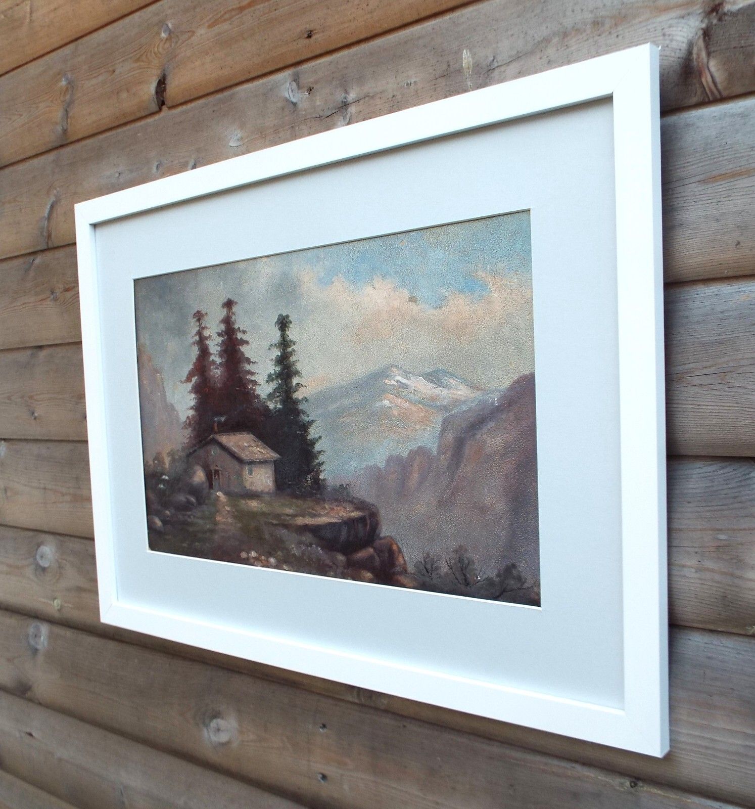 Antique Framed Landscape Original Oil Painting Switzerland Austria Alps photo for sale