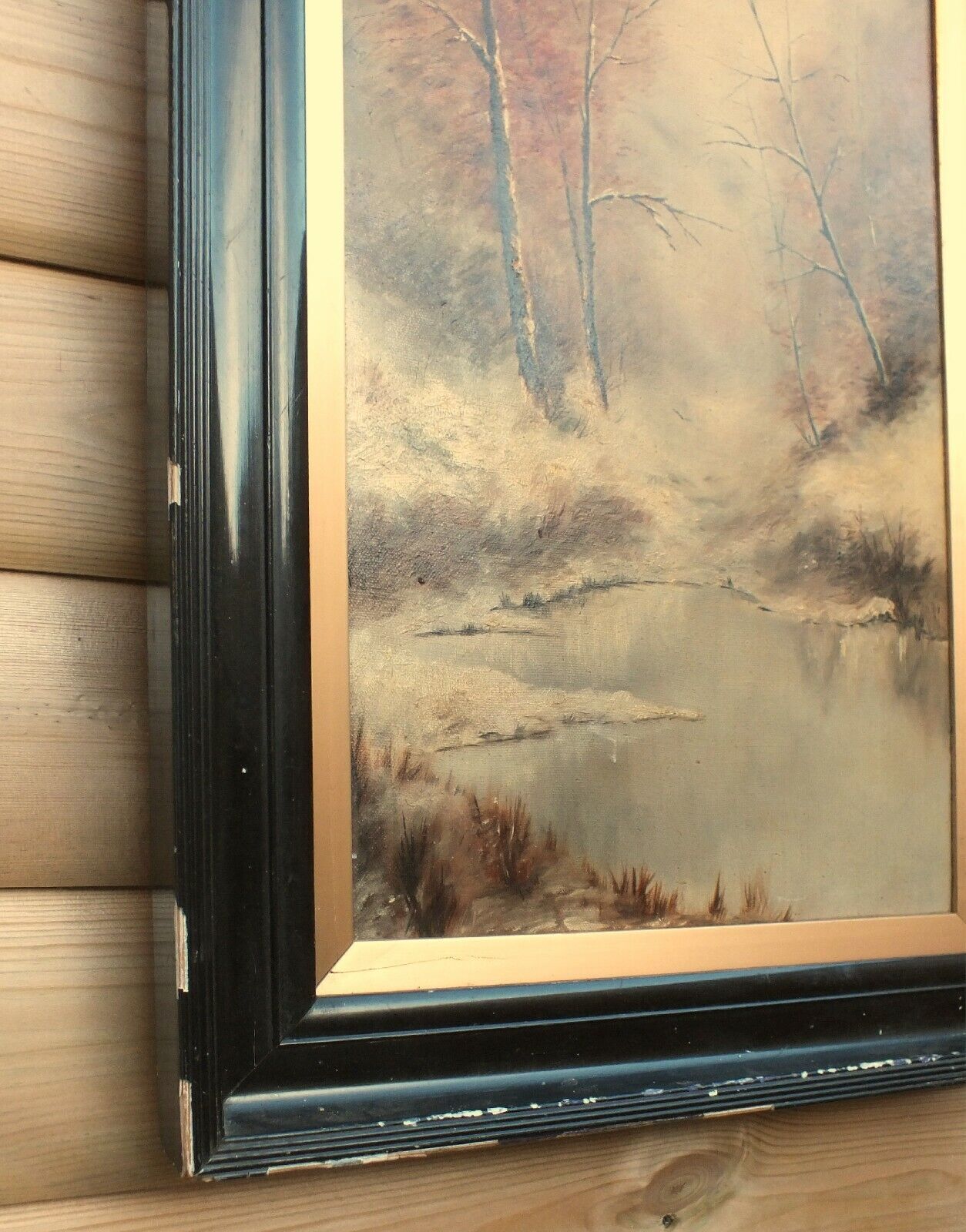 Large Antique Victorian Framed Oil Landscape Painting Ebonized Mahogany Frame photo buy