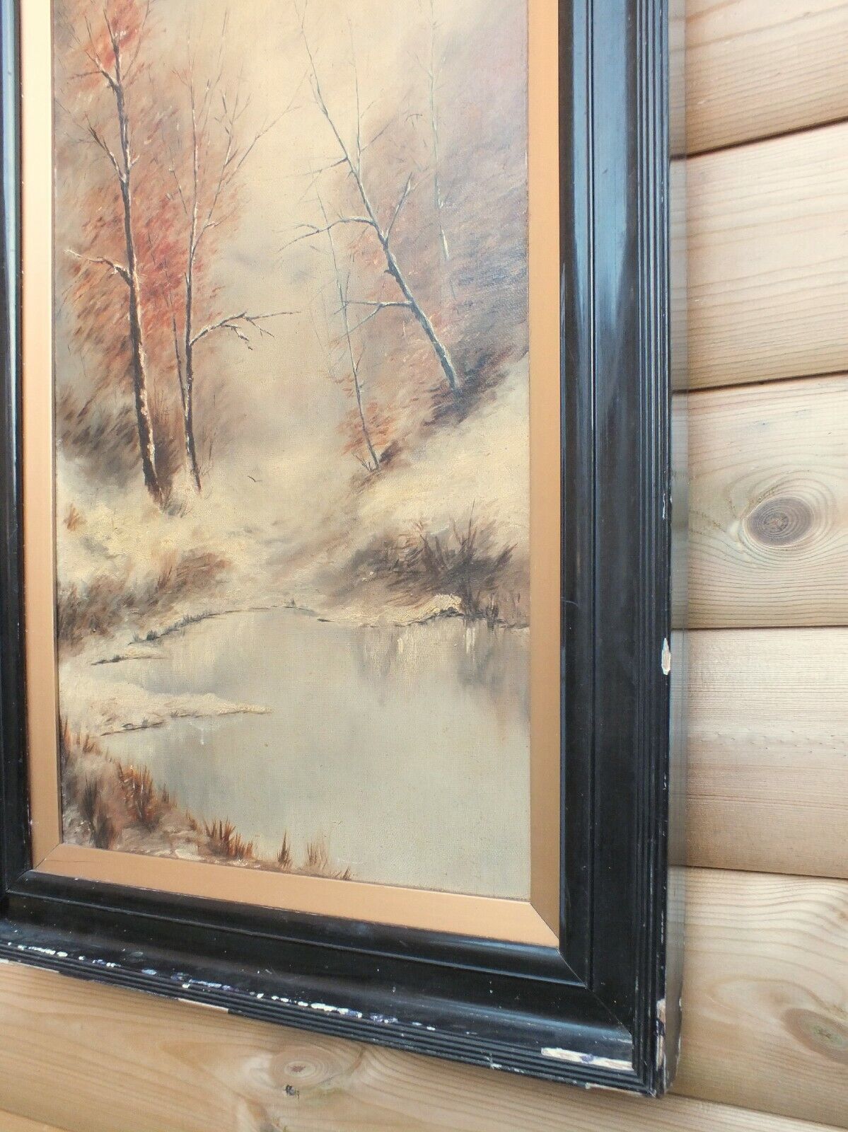 Large Antique Victorian Framed Oil Landscape Painting Ebonized Mahogany Frame photo vintage