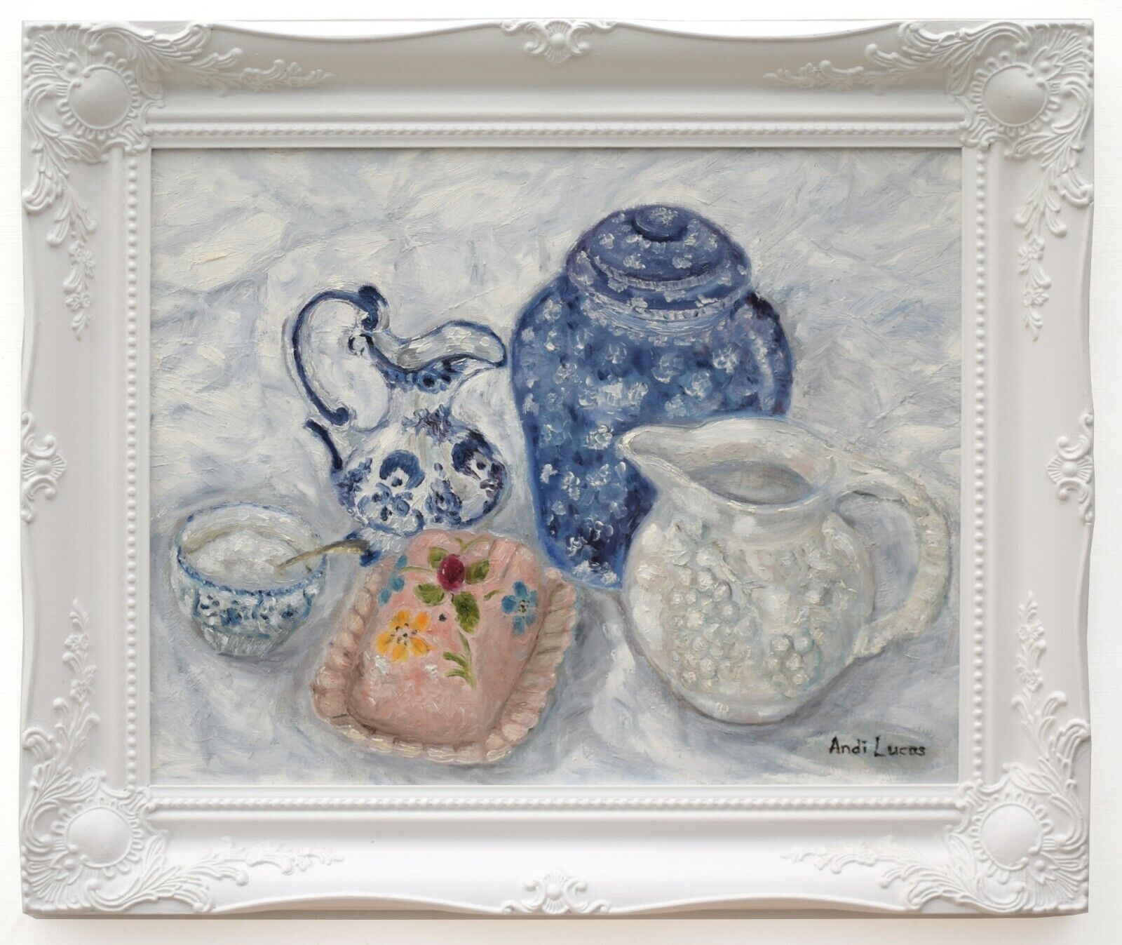 Country Kitchen Still Life Oil Painting Signed Framed Original Blue Pottery Andi