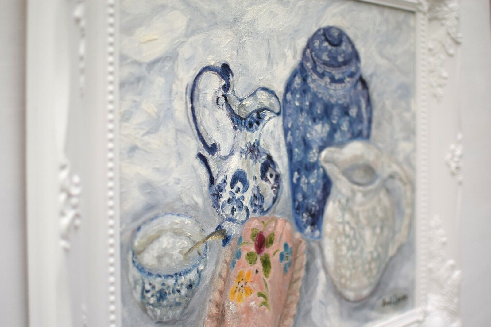 Country Kitchen Still Life Oil Painting Signed Framed Original Blue Pottery Andi photo vinterior