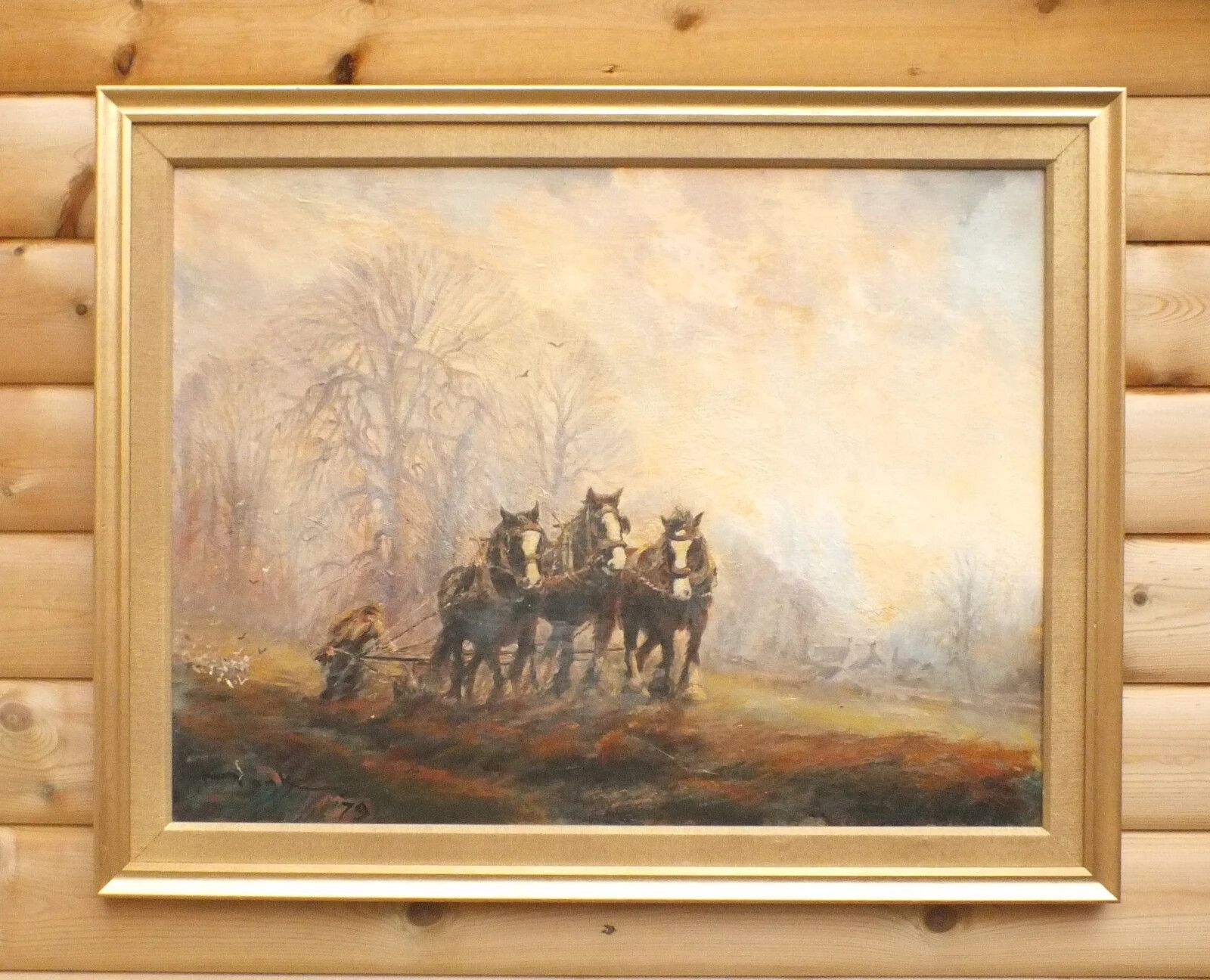 Lge Vintage Plough Horses Oil Painting Farming Agrarian English Landscape Framed