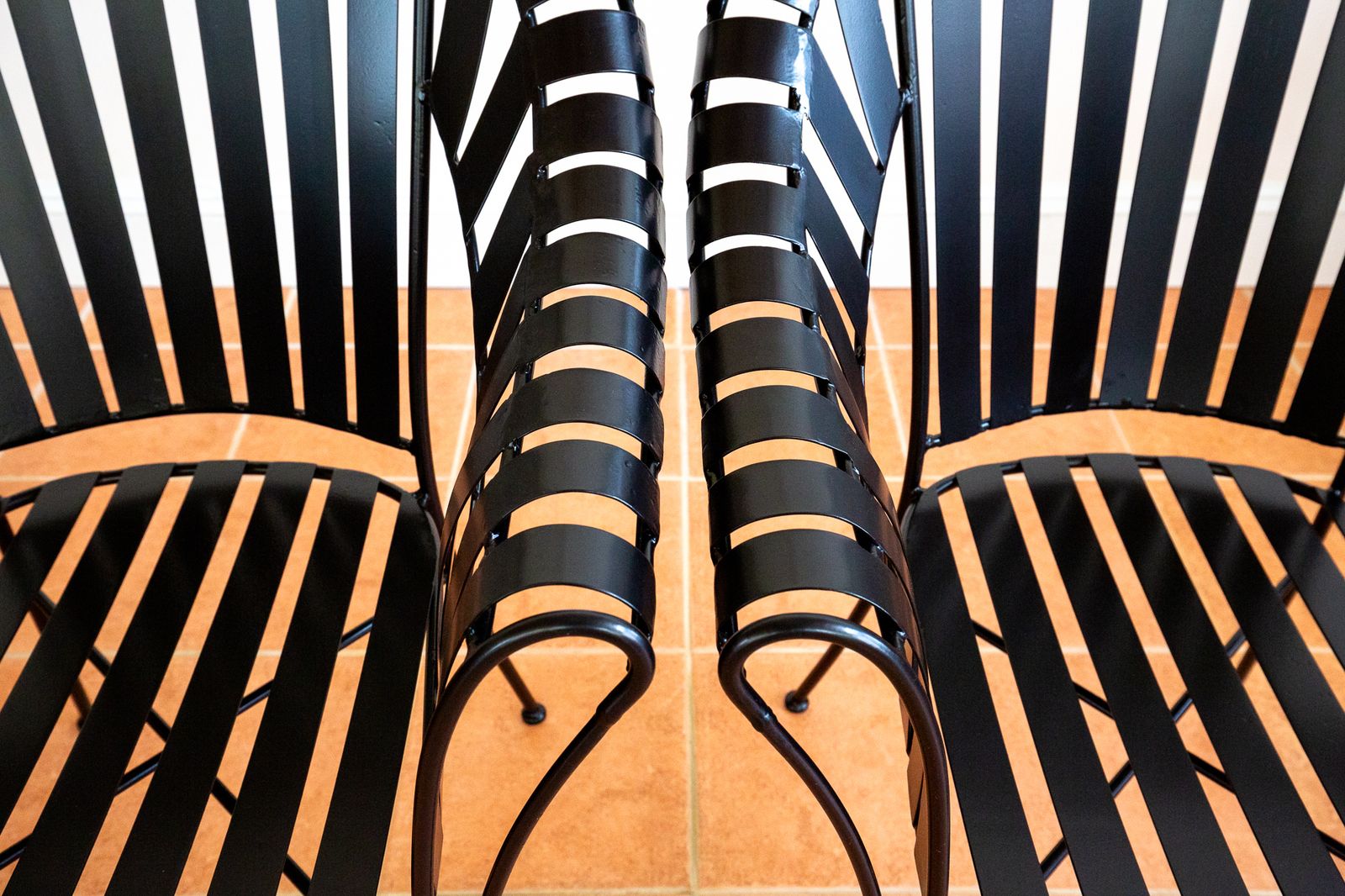 Modernist Iron Strap Garden Armchairs Pair Sculptural Brutalist 1980s Mcm Patio Outdoors Outside  French Machinisme Woodard Carre Salterini Style photo buy