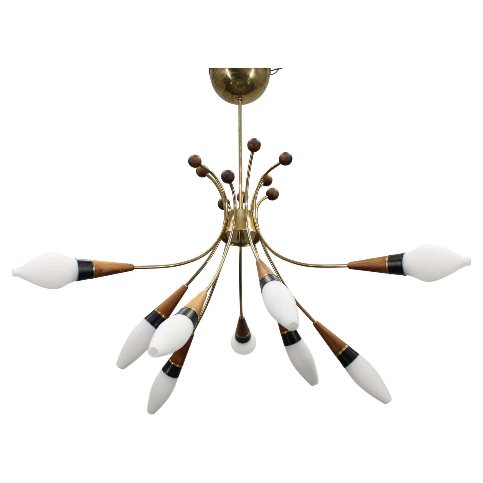 1960s Rupert Nikoll Brass And Teak Opaline Glass Chandelier, Austria