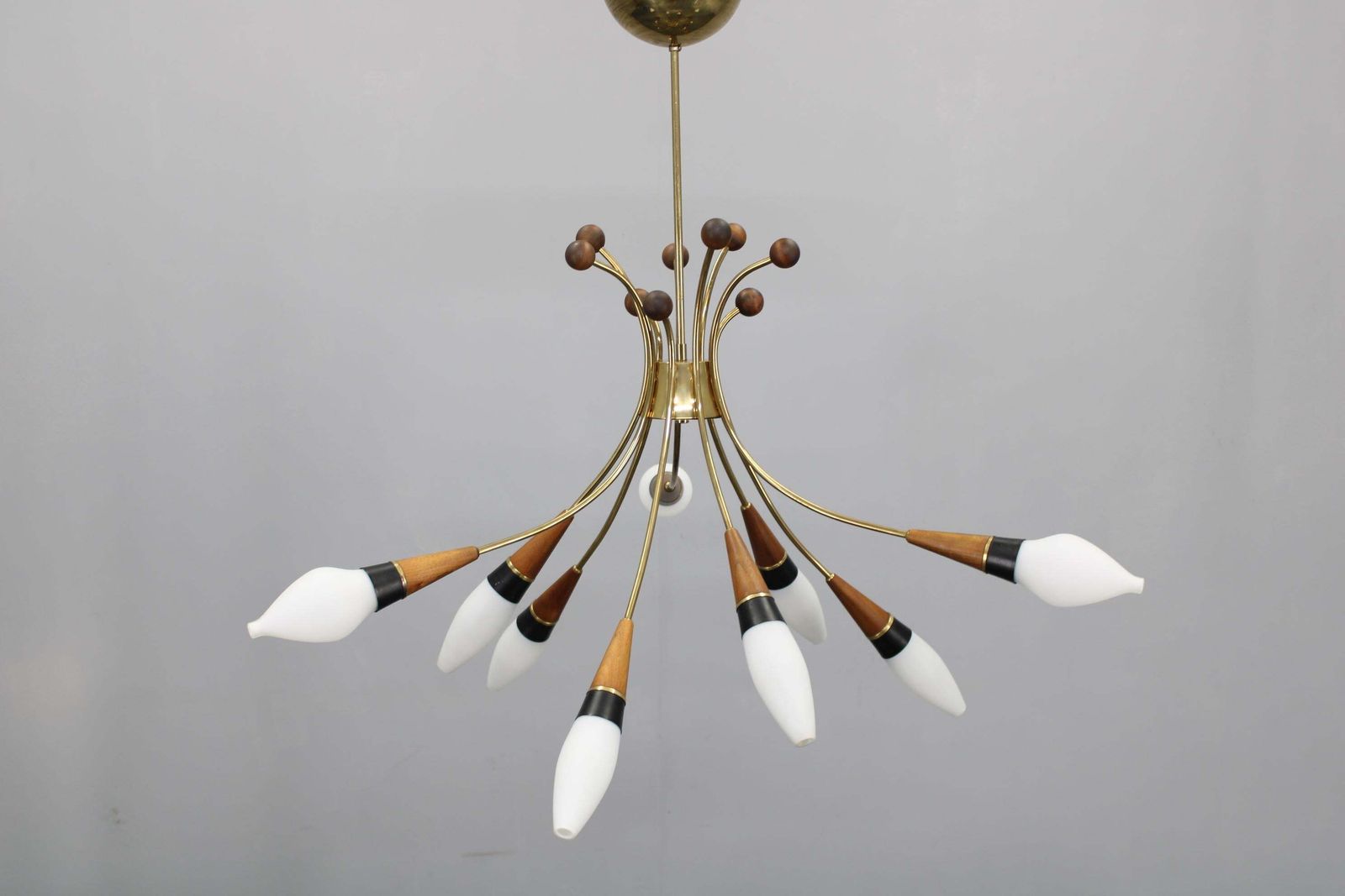 1960s Rupert Nikoll Brass And Teak Opaline Glass Chandelier, Austria photo Lighting
