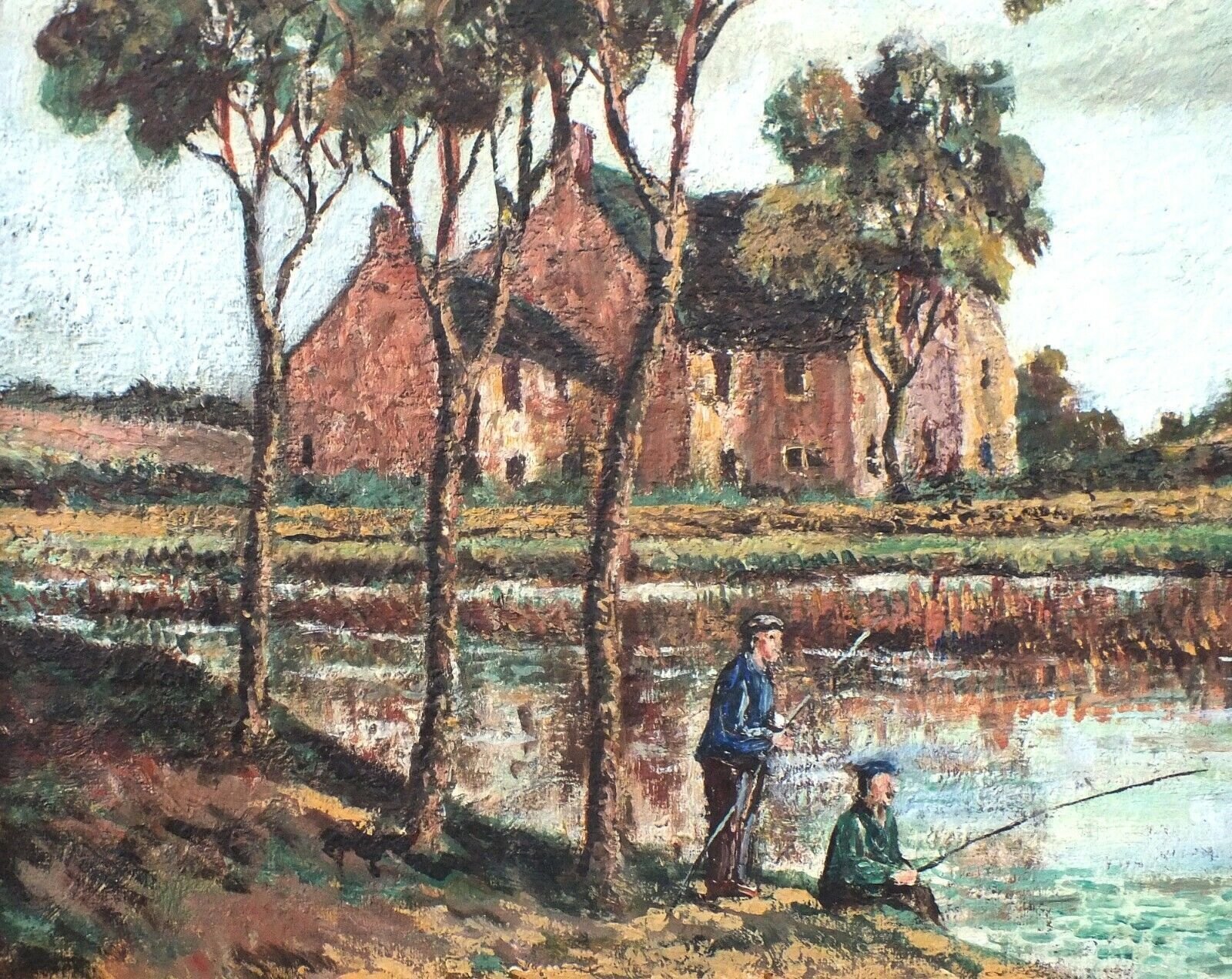 English Landscape Vintage Oil Painting Fishing Lake Framed photo 120.0