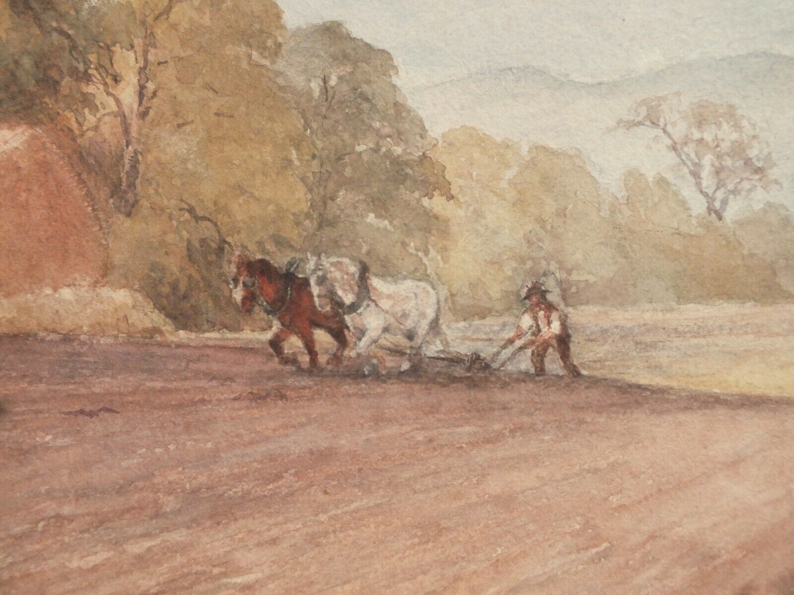 Plough Horses Vintage Watercolour Painting Farming Art English Landscape Framed photo vintage