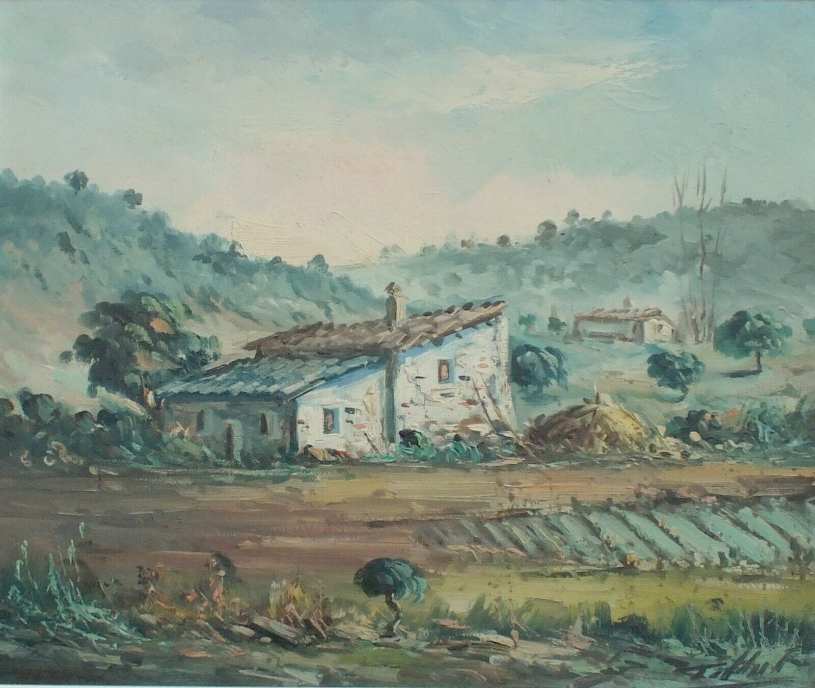 French  Impressionist Farmhouse Landscape Original Vintage Oil Painting Framed photo for sale
