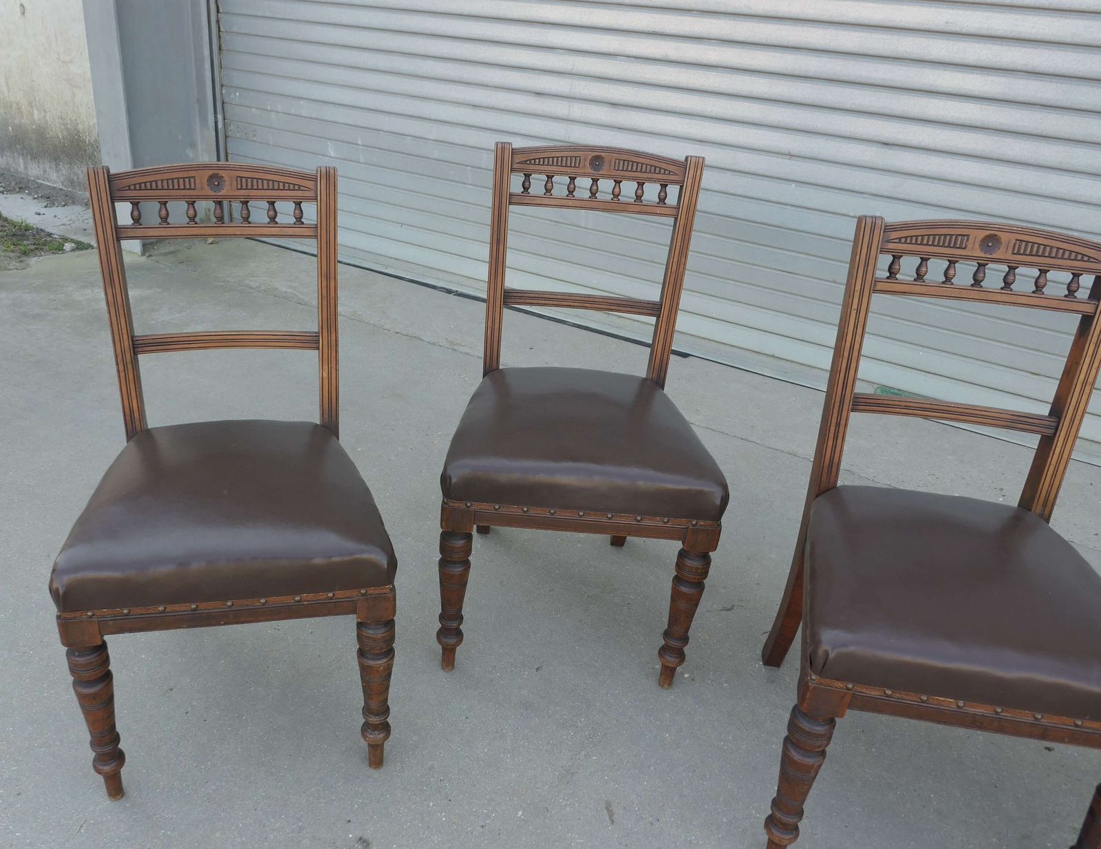 Set Of Very Heavy 4 Edwardian Carved Oak And Leather Dining Chairs photo for sale