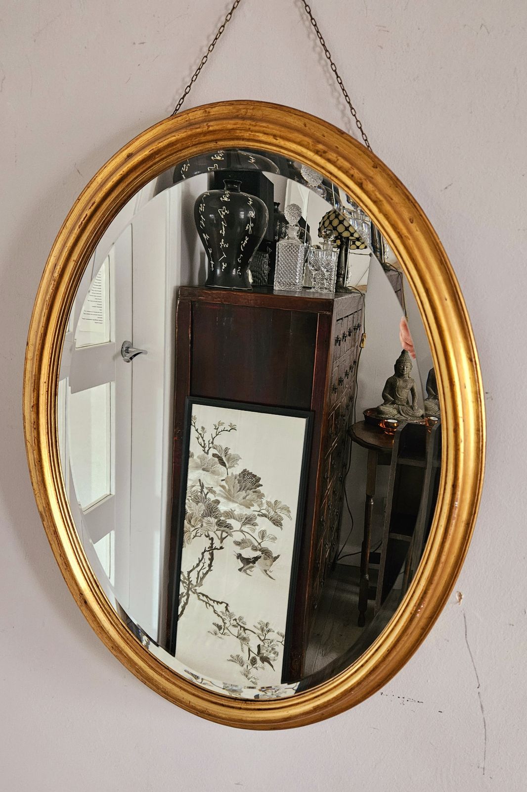 Large, Heavy, Oval Mirror With Gold, Wood Frame And Bevelled Glass photo furniture