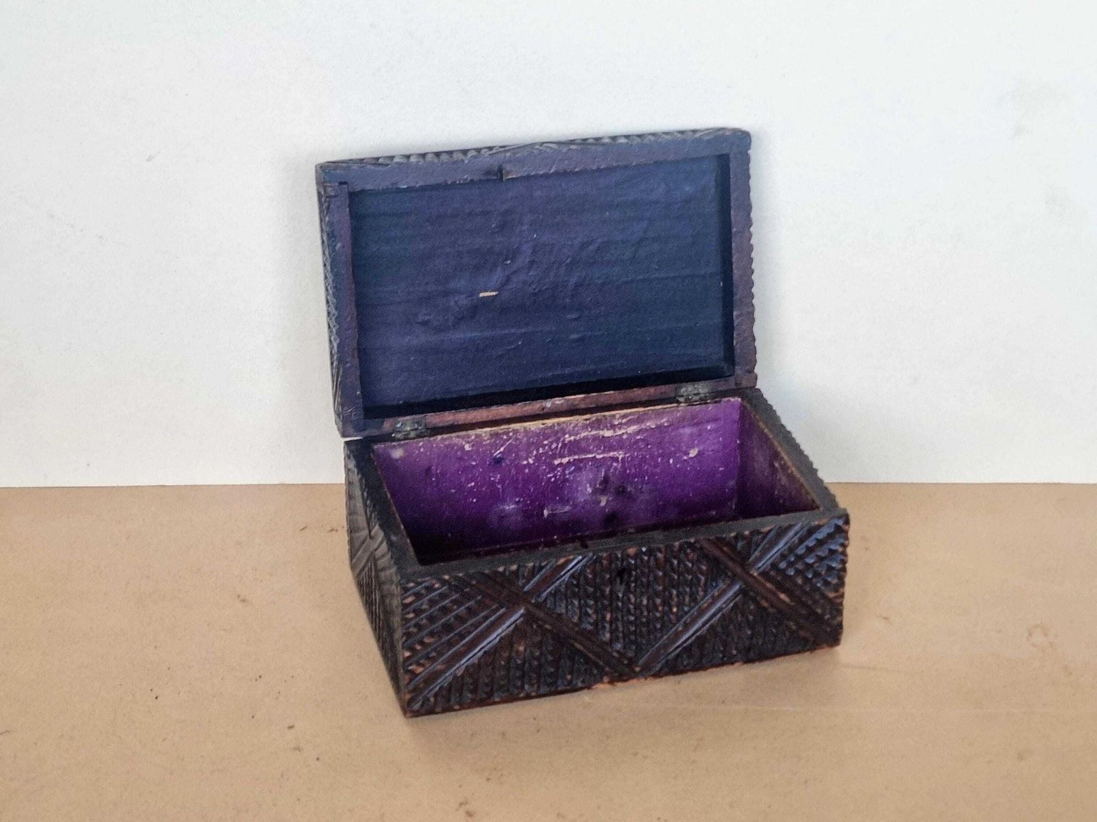 Antique Hand Carved Black Forest Box | Rustic Wooden Trinket Chest | Purple Velvet Interior 4x7 Inch photo for sale