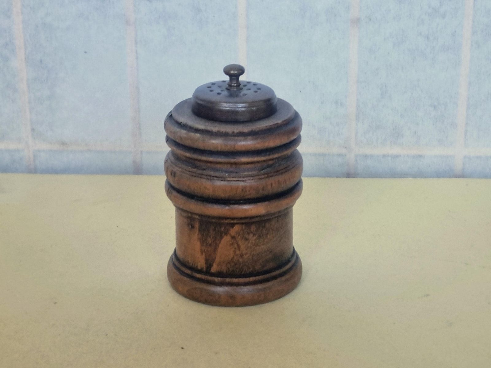 Antique Treen Pepper Grinder | Victorian Wooden Spice Mill | Turned Walnut Kitchen Tool With Early Plastic Grinder
