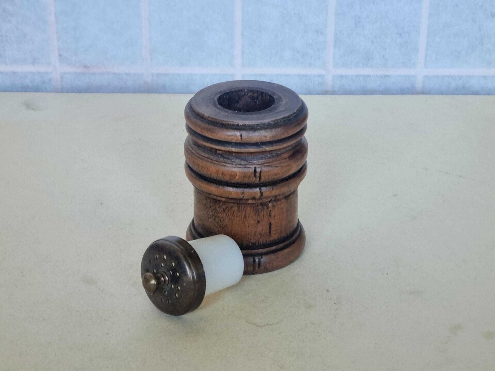 Antique Treen Pepper Grinder | Victorian Wooden Spice Mill | Turned Walnut Kitchen Tool With Early Plastic Grinder photo for sale