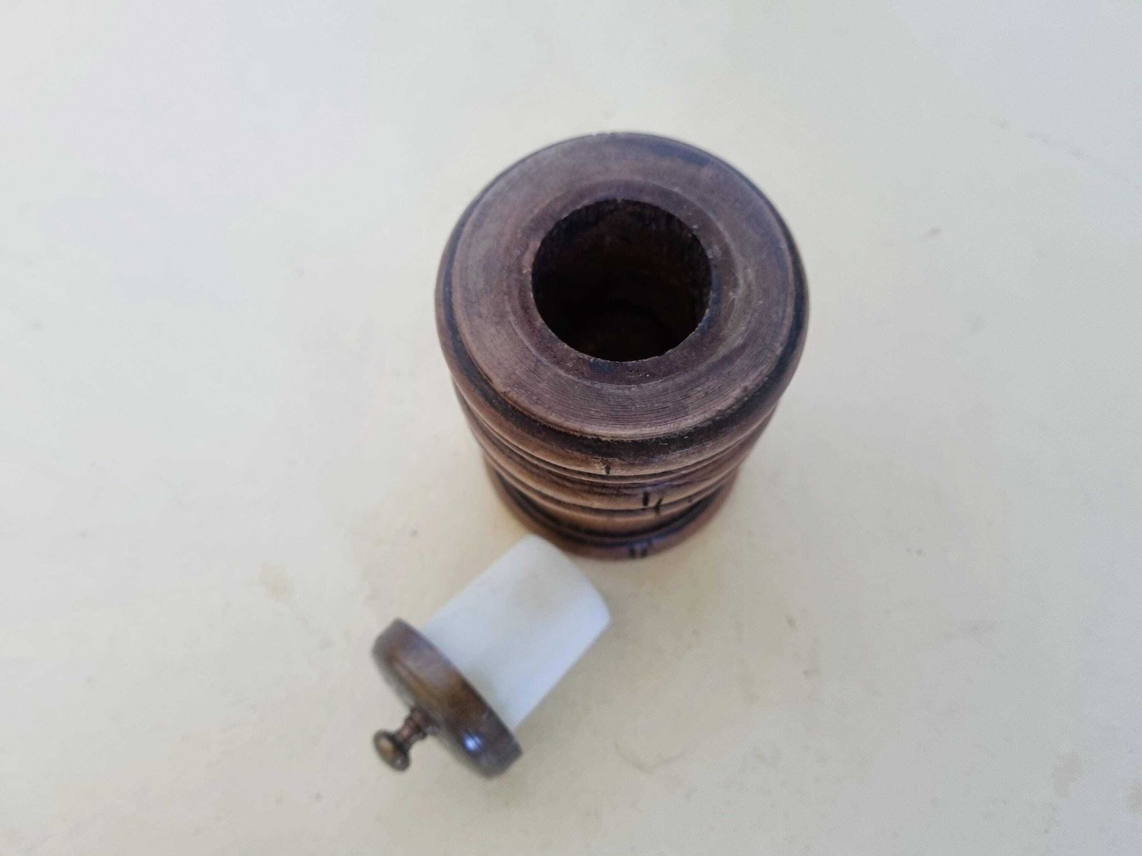 photo furniture Antique Treen Pepper Grinder | Victorian Wooden Spice Mill | Turned Walnut Kitchen Tool With Early Plastic Grinder