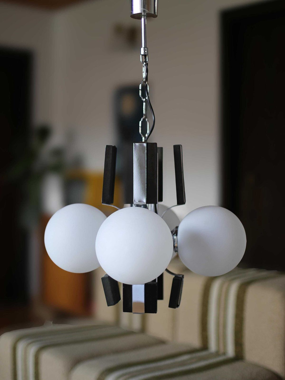 Brutalist Sputnik Pendant Lamp – Chrome Wood & Milky Glass – Yugoslavia 70s – Mid Century Modern Lighting photo Lighting