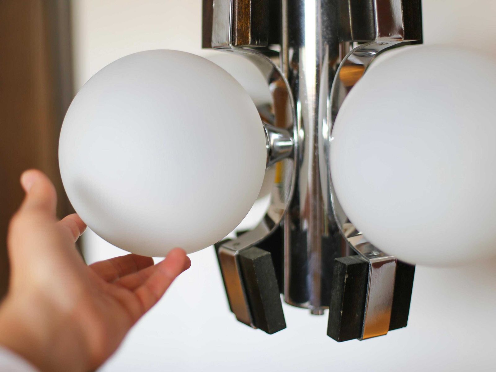 Brutalist Sputnik Pendant Lamp – Chrome Wood & Milky Glass – Yugoslavia 70s – Mid Century Modern Lighting photo vinterior
