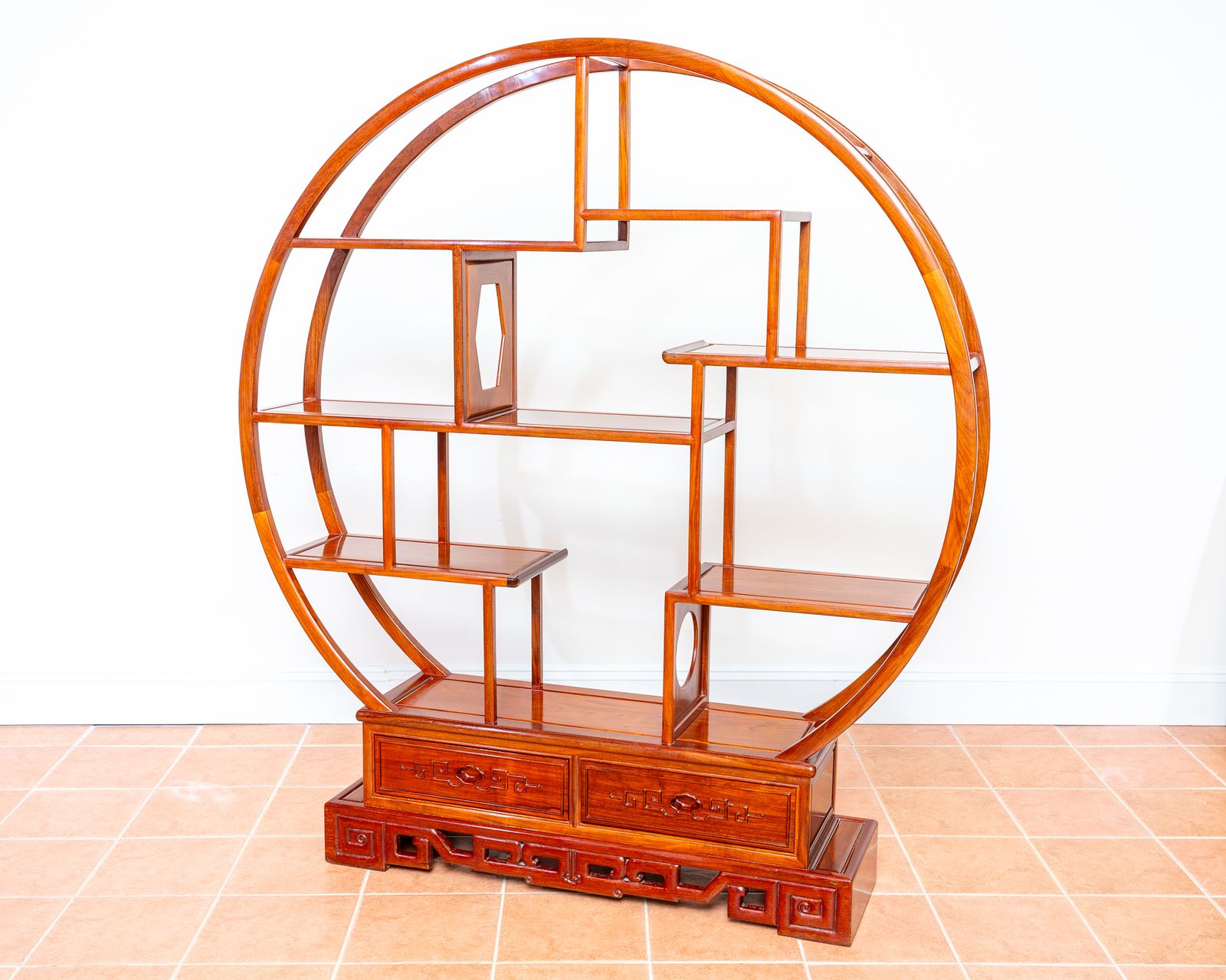 photo vinterior Fine Chinese Display Stand Shelves Bookcase Oriental Circular Large Shelving Room Divider Eastern Moon Gate Mingei Jumu Asian Zen