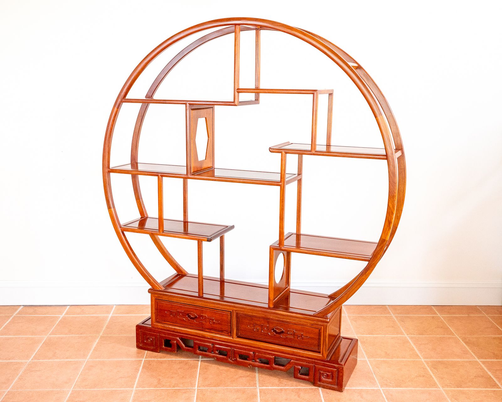photo for sale Fine Chinese Display Stand Shelves Bookcase Oriental Circular Large Shelving Room Divider Eastern Moon Gate Mingei Jumu Asian Zen