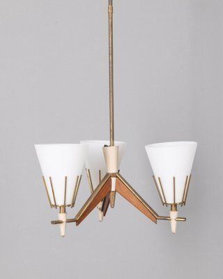 Vintage Pendant In Wood And Opal Glass, Italian Design, 1950s