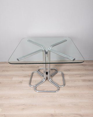Vintage Square Table In Chrome Metal And Glass, Italian Design, 1970s photo furniture