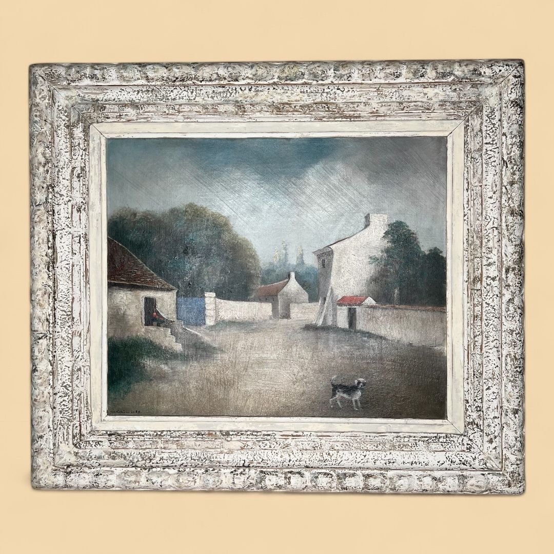Dog And Houses, Oil On Canvas Landscape Painting