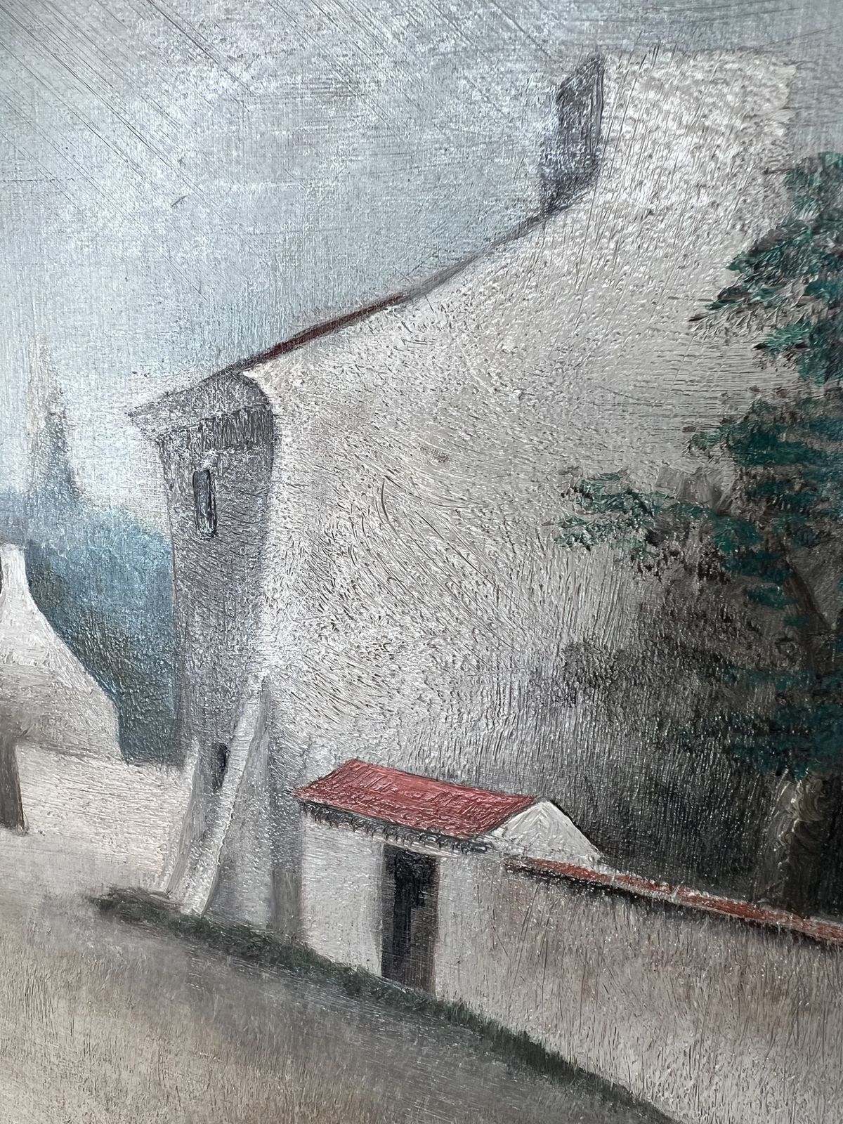 Dog And Houses, Oil On Canvas Landscape Painting photo vintage