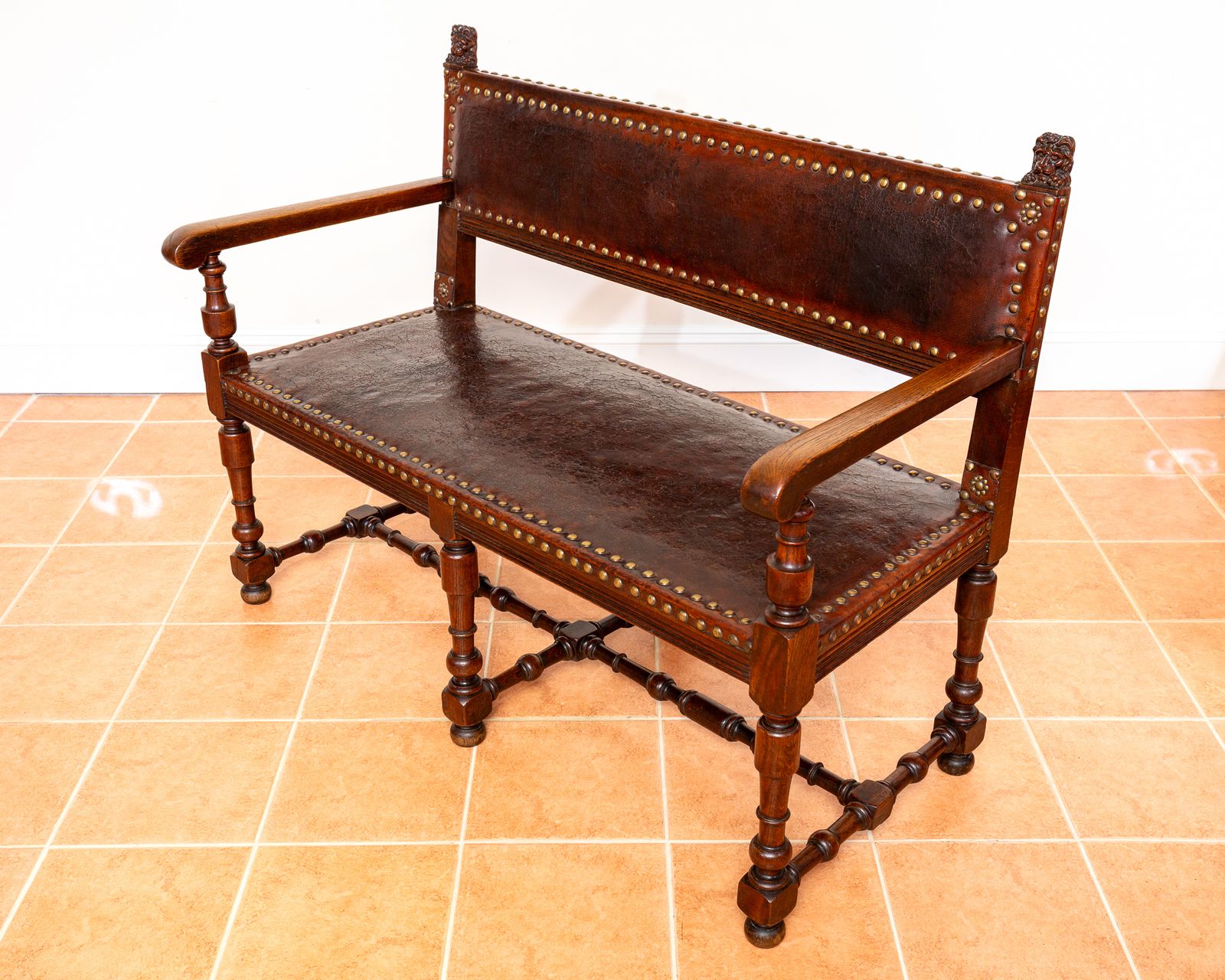 Antique Spanish Colonial Oak Leather Bench Studded Brass Country House Renaissance Revival Baronial 1890 Three Seater photo buy