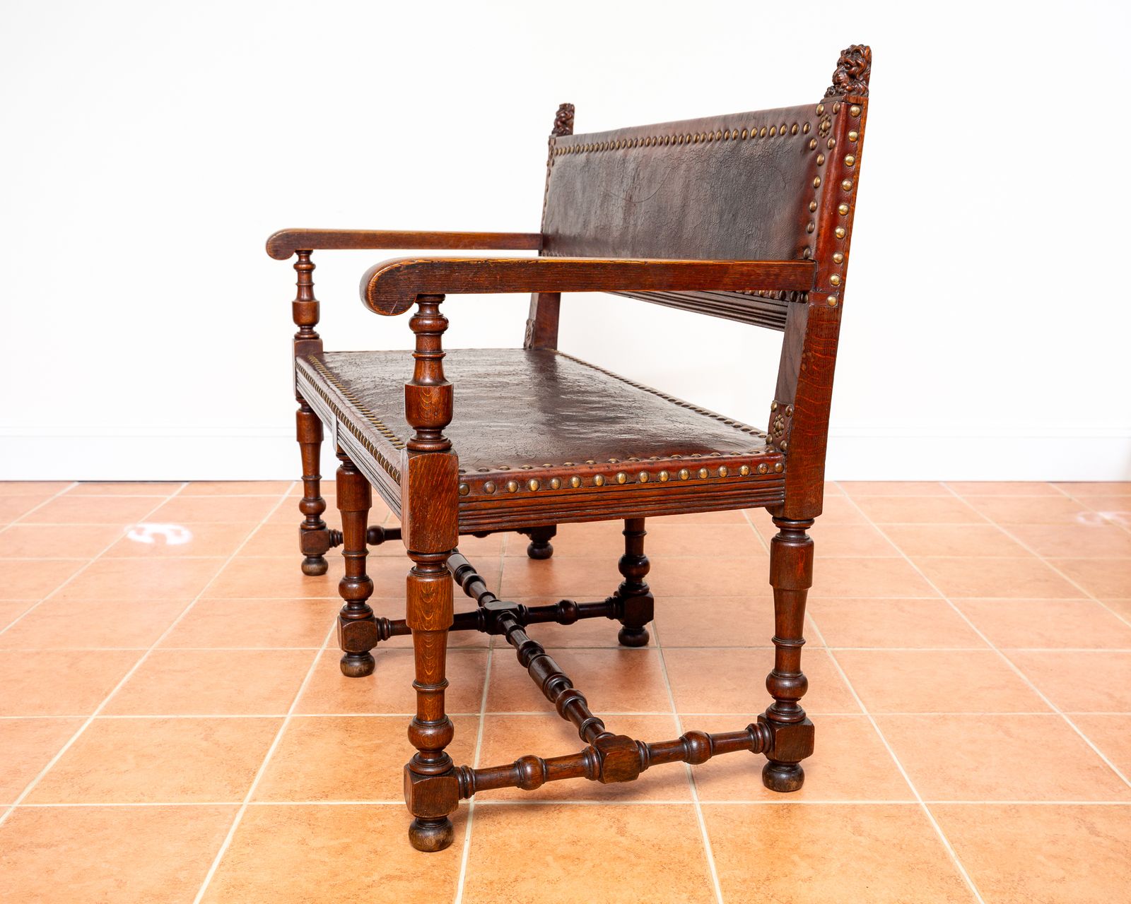 photo furniture Antique Spanish Colonial Oak Leather Bench Studded Brass Country House Renaissance Revival Baronial 1890 Three Seater