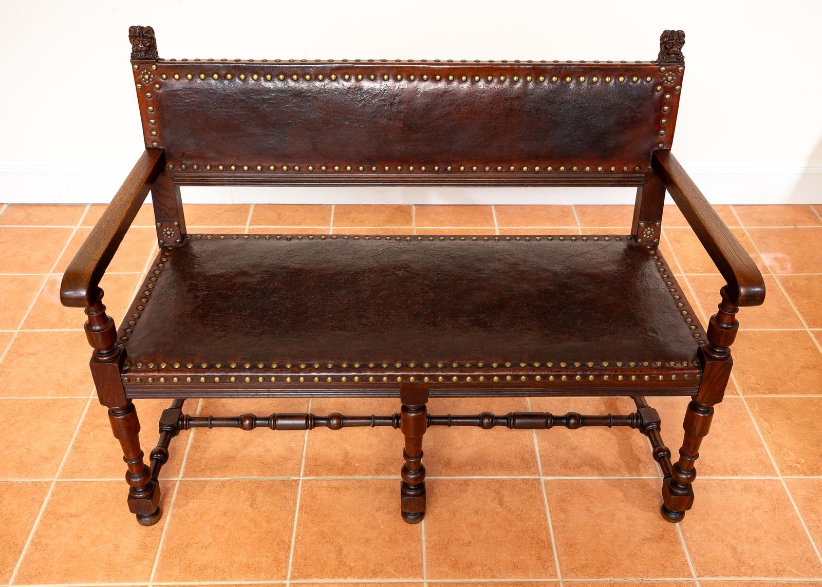photo for sale Antique Spanish Colonial Oak Leather Bench Studded Brass Country House Renaissance Revival Baronial 1890 Three Seater