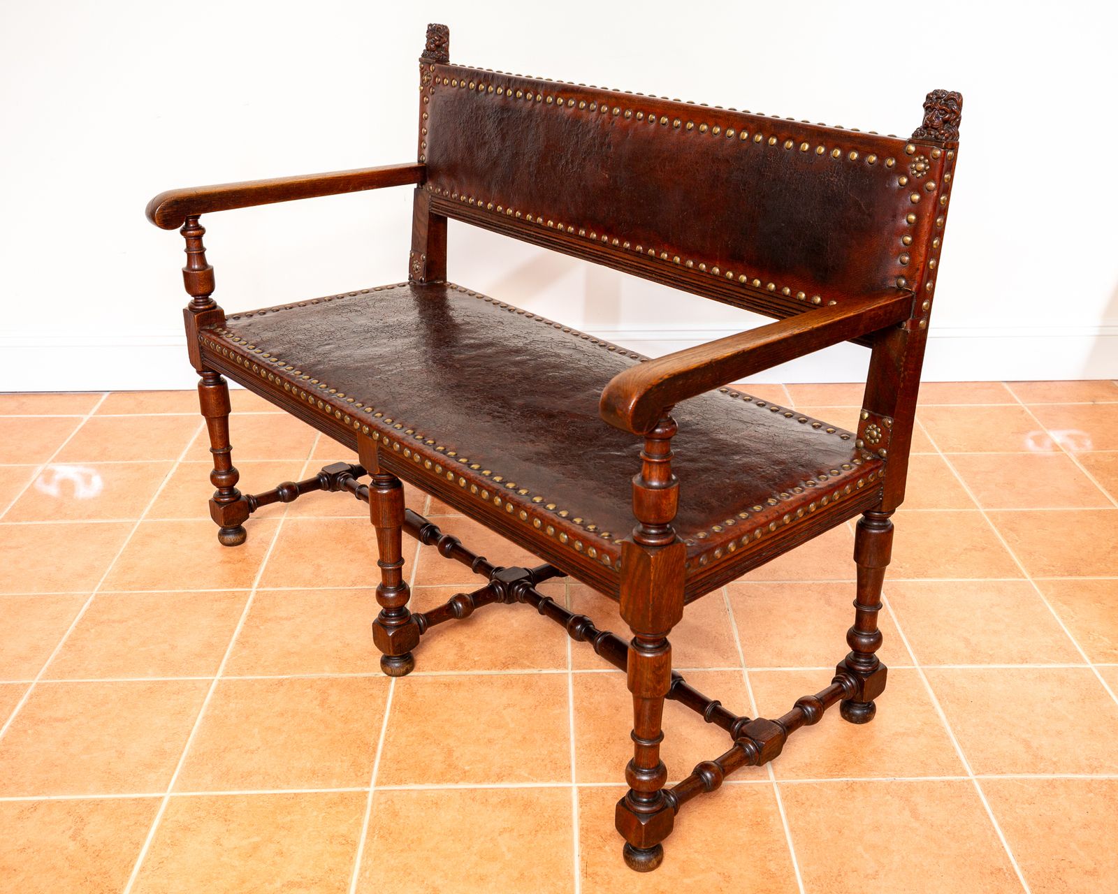 Furniture Antique Spanish Colonial Oak Leather Bench Studded Brass Country House Renaissance Revival Baronial 1890 Three Seater photo